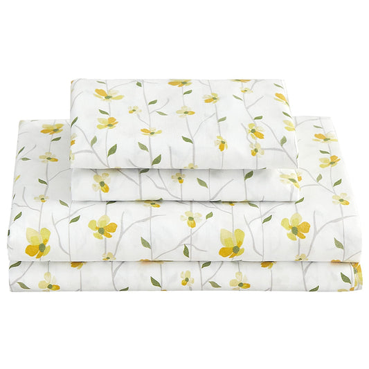 Softan King Sheet Set Yellow Floral Bed Sheets Printed Sheets - 4 Piece Soft Microfiber Patterned Fitted Sheets King with 15" Deep Pocket and Corner Straps, Cute Yellow Flower Sheets & Pillowcase Set