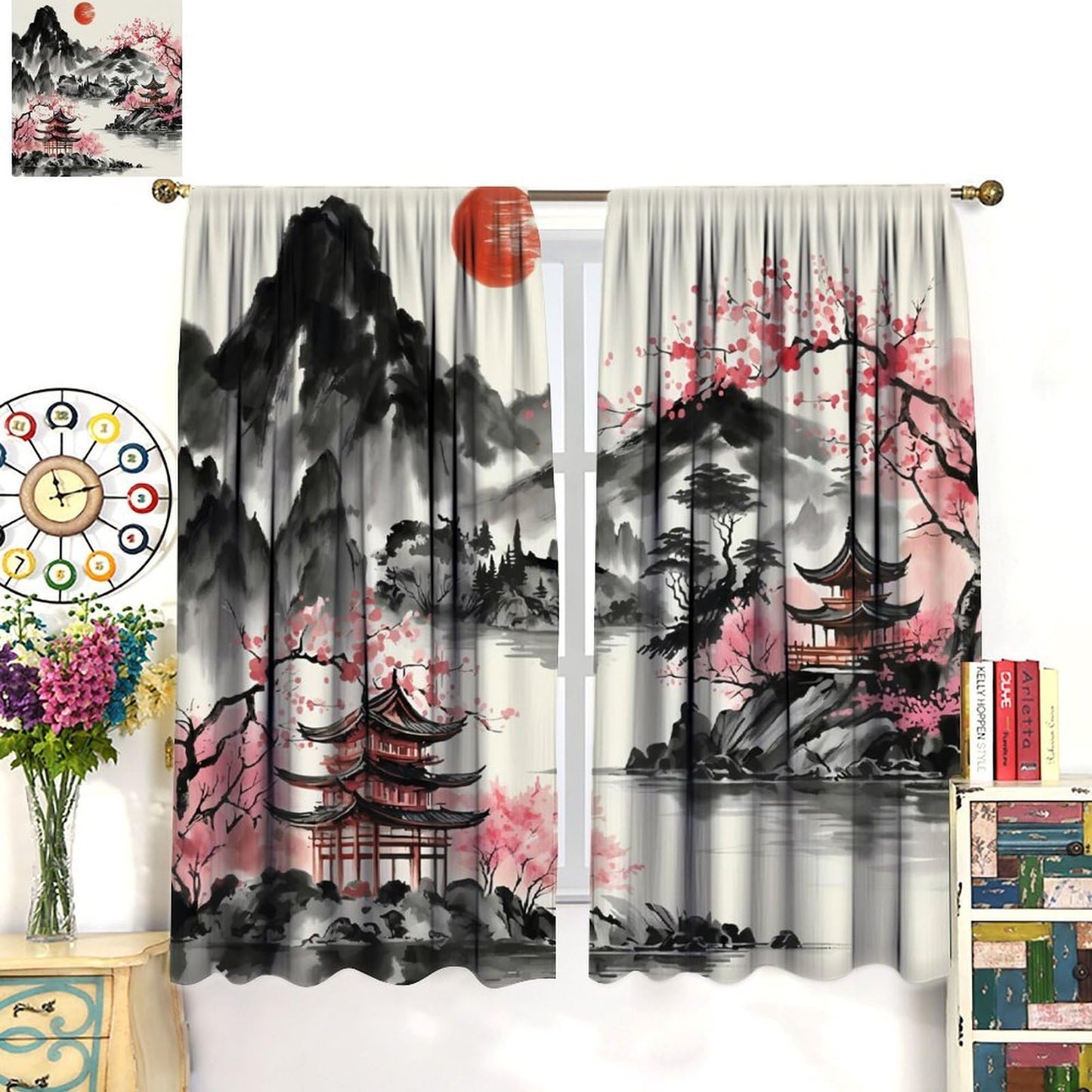 YSWOW Japanese Curtains, Asian Cherry Blossom Landscape Japanese Animation Art Printed Window Drapes for Bedroom Living Room Kitchen Decor Fabric 2 Panel 42x45 Inch 30% Shading Rate