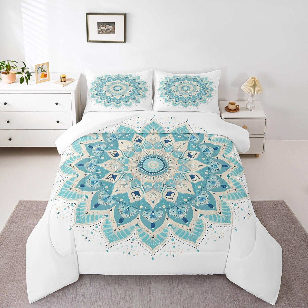 jejeloiu Hippie Mandala Bedding Set Full Size Kids Boho Mandala Comforter for Boys Girls Bohemian Style Comforter Set Green Duvet Set Room Decorations Quilt Set
