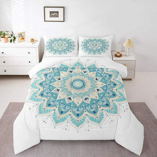 jejeloiu Hippie Mandala Bedding Set Full Size Kids Boho Mandala Comforter for Boys Girls Bohemian Style Comforter Set Green Duvet Set Room Decorations Quilt Set