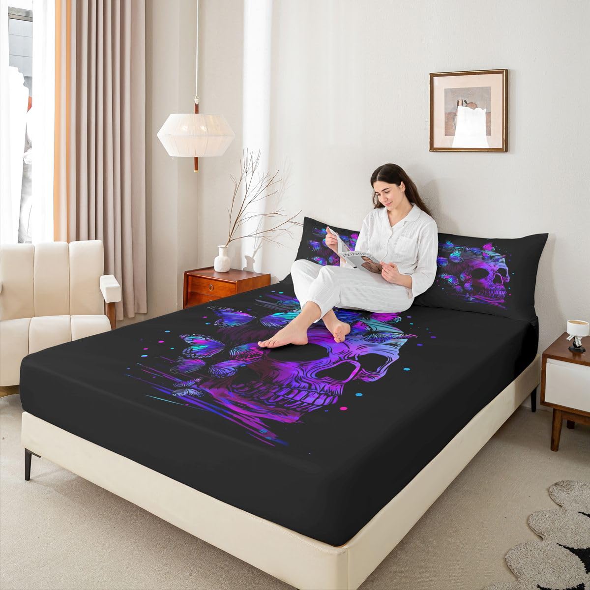 Erosebridal Purple Skull Bed Sheet Set King,Retro Psychedelic Butterfly Bed Sheets Gothic Sugar Skull Bedding Set for Girls Teens Women Room Halloween Fitted Sheet + Flat Sheet + 2 Pillow Cases Black