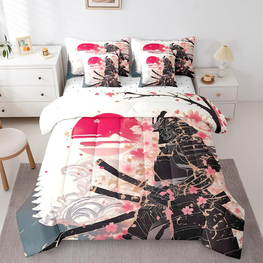 Erosebridal Japanese Samurai Queen Comforter Set,Pink Cherry Blossom Bedding Set with Sheets,Oriental Theme Bed Set 7 Piece for Kids Boys Men,Aesthetic Floral Bed in a Bag with Fitted+Flat Sheet