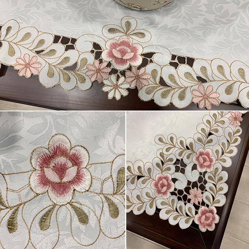 MULBESS Flower Embroidered Lace Tablecloth Damask Dust-Proof Table Cloth Fabric Table Cover for Kitchen Dinner Picnic Outdoor and Indoor Home Decor (Rectangle/Oblong, 33 x 60 inch)