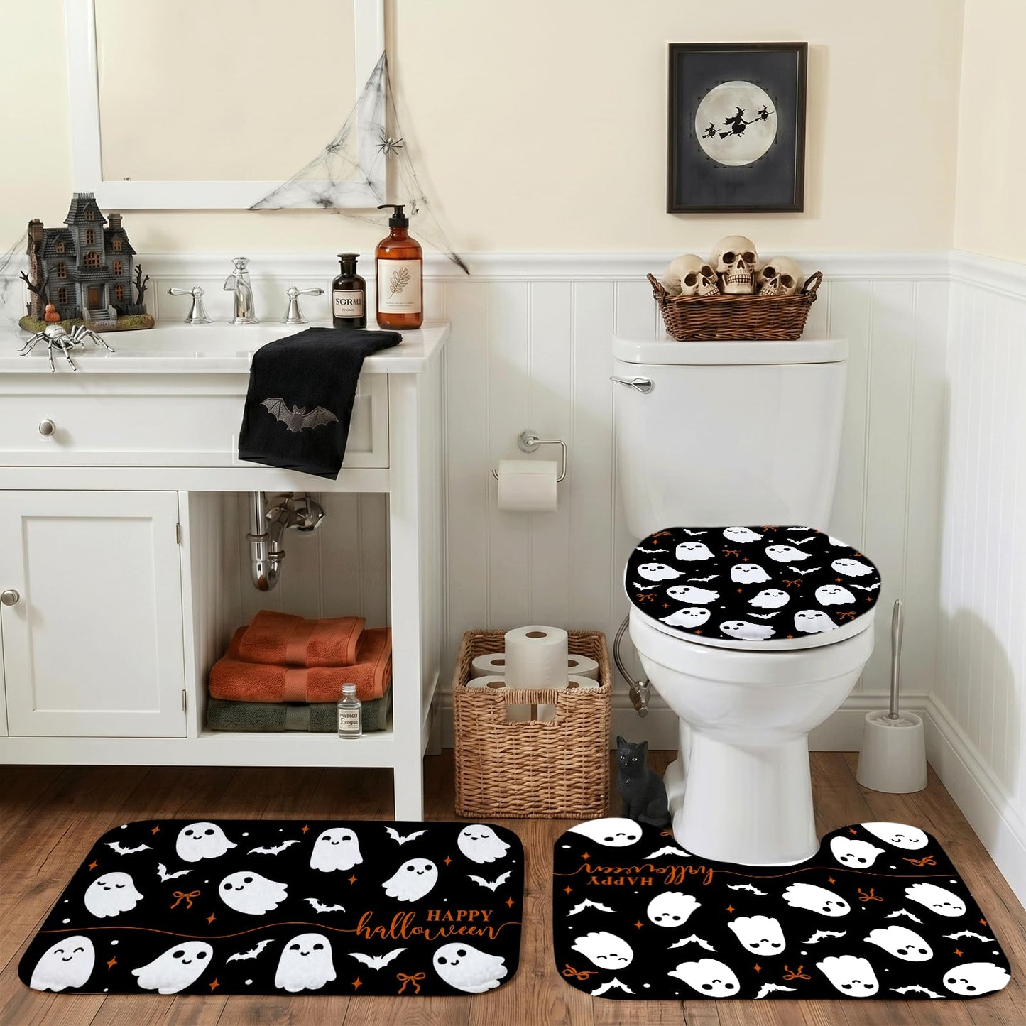 Mocsicka 4Pcs Halloween Shower Curtain Set Black Spooky Bow Ghost Shower Curtain Set for Halloween Bathroom Decor with Anti-Slip Waterproof Bathtub Bathroom Rugs Toilet Lid Cover