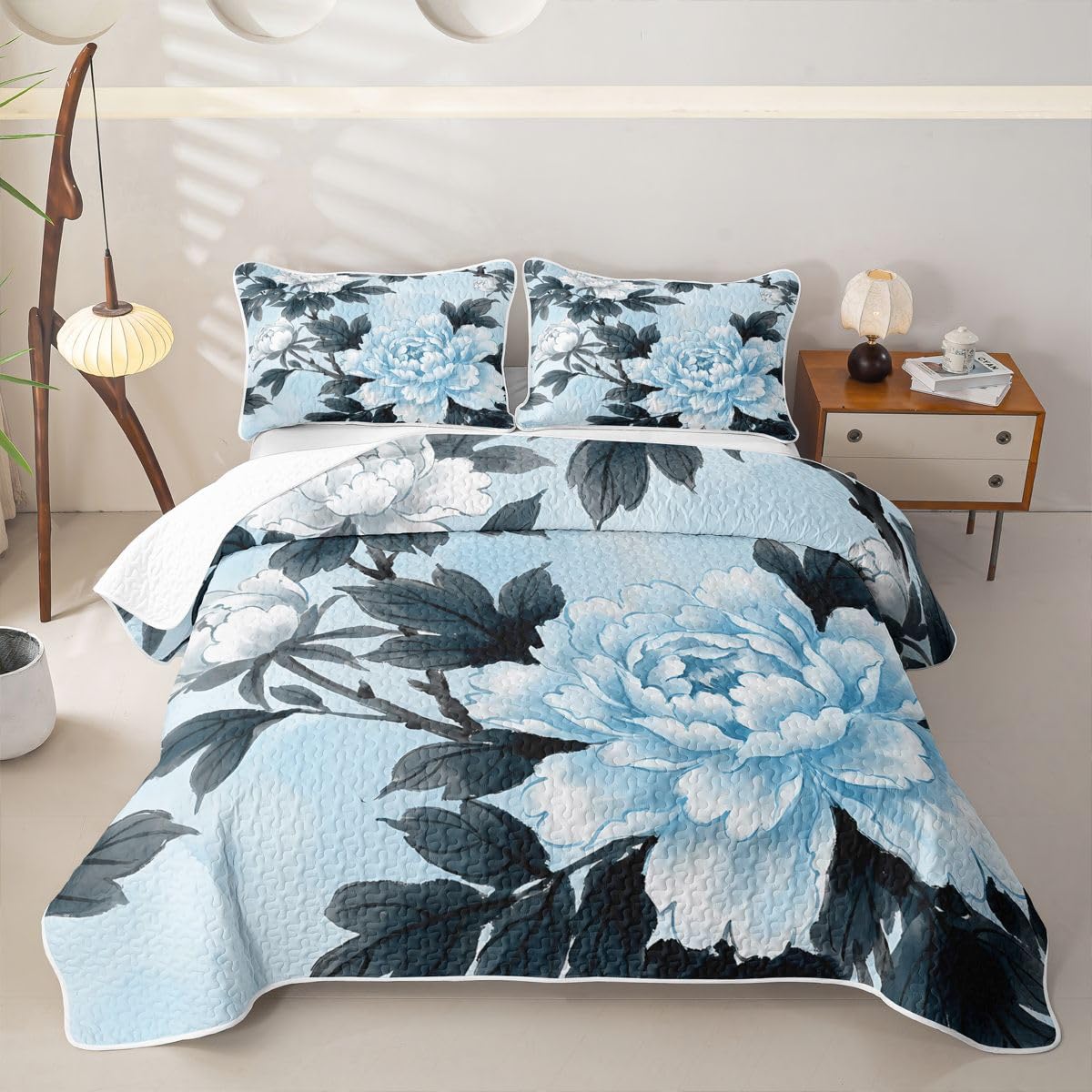 jejeloiu Flower Quilt Set Farmhouse Floral Quilted Bedspread Lightweight Coverlet Set Twin Blue Bedding Set with Pillowcases for All Season Microfiber Bed Decor