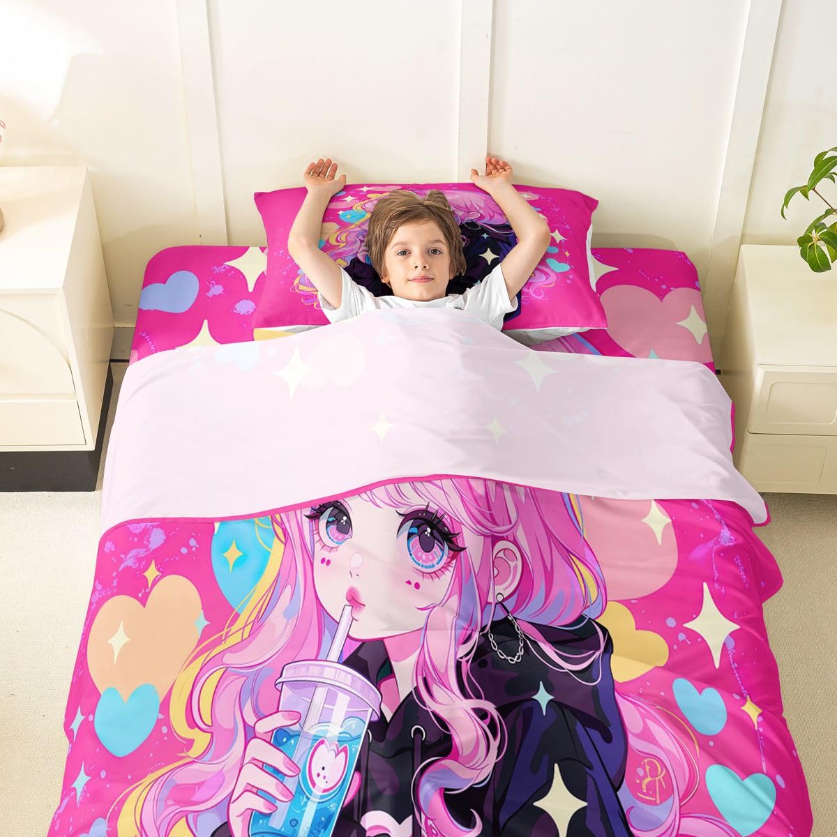 Preppy Girls Sheet Set Twin Kawaii Japanese Girl Drinking Water Bed Sheets Set Coquette Girl With Colorful Curly Hair Sheets For Boys Girls Pink Anime Gifts Flat Fitted Sheet With 1 Pillow Case