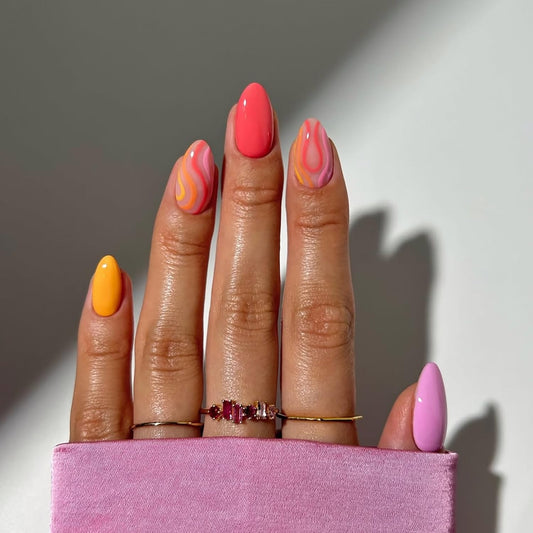 24Pcs Press On Nails Short Almond Fake Nails Acrylic Almond Nails Press Ons Artificial Glossy False Nails With Stripe Designs Full Cover Glue On Nail Short Stick On Nail For Women Girls