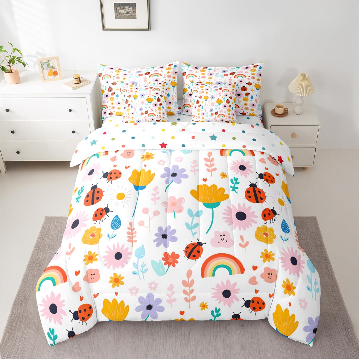 Feelyou Floral Queen Comforter Set with Sheets for Kids Boys Girls Butterfly 7 Pieces Bedding Set Cute Bed in a Bag Rainbow Room Decor Garden Plant Soft Lightweight Microfiber