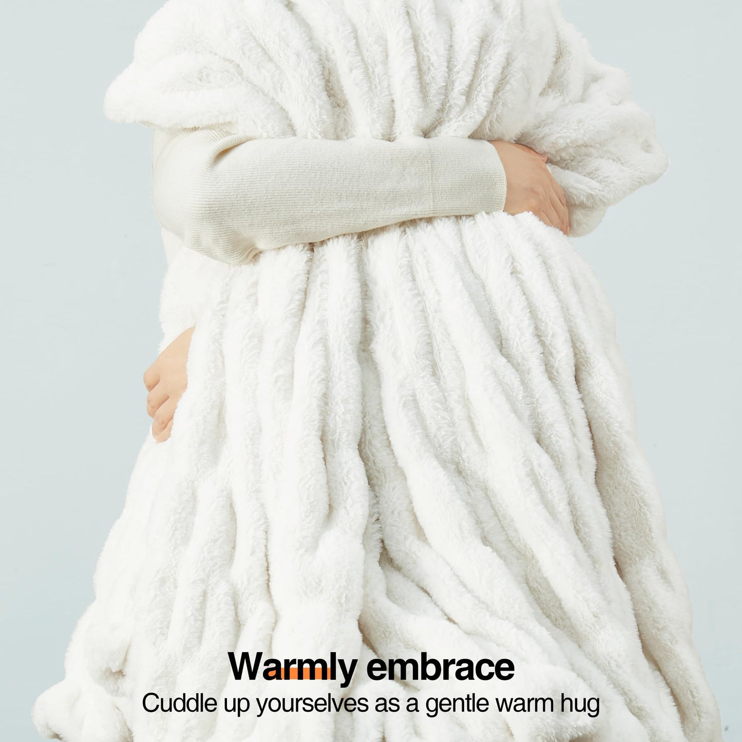 DREAMNINE Luxe Thick Fluffy Ruched Faux Rabbit Fur Throw Blanket for Couch 50" x 60", Decorative Super Soft Ruffle Warm Fuzzy Blankets for Winter, Double Sided Cozy Accent Shaggy Furry Blankets, White