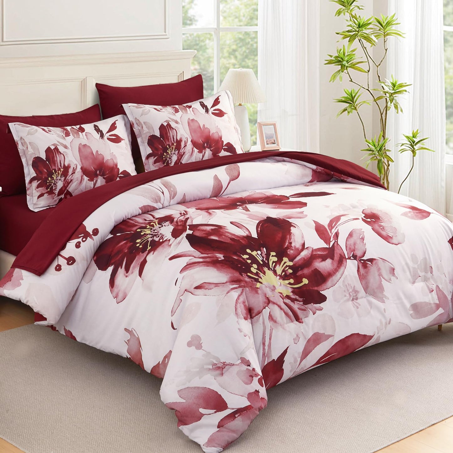 Luxudecor Floral Comforter Set Queen Size, 7 Piece Burgundy Flower Set Bed in a Bag,Soft Microfiber Farmhouse Shabby Chic Bedding Set for All Seasons(90"x90")