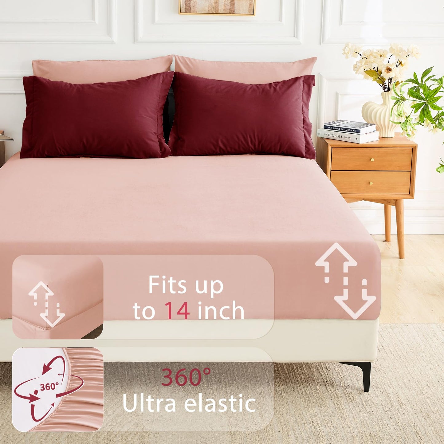 MUXHOMO 7 Pieces King Comforter Set, Soft Bed in a Bag King Size, All Season Bedding Set with Comforter, Flat Sheet, Fitted Sheet, Pillowcases & Shams, Burgundy & Rose Gold