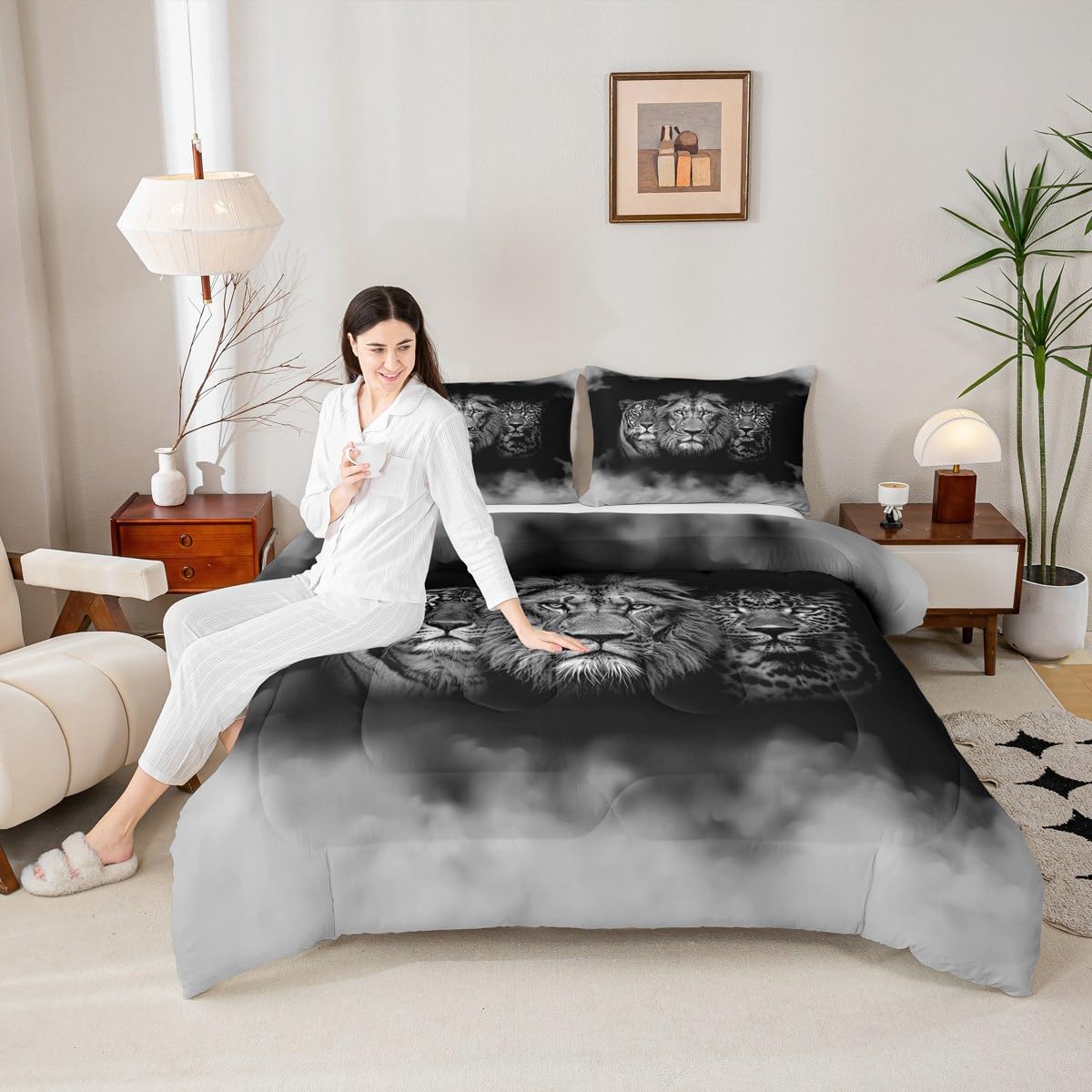 Wild Animals Comforter Set Queen Size Tiger Lion Leopard 3D Bedding Set 3pcs for Kids Boys Men Home Room Decor,Black White Smog Quilt Set Modern Microfiber Duvet Insert with 2 Pillowcases