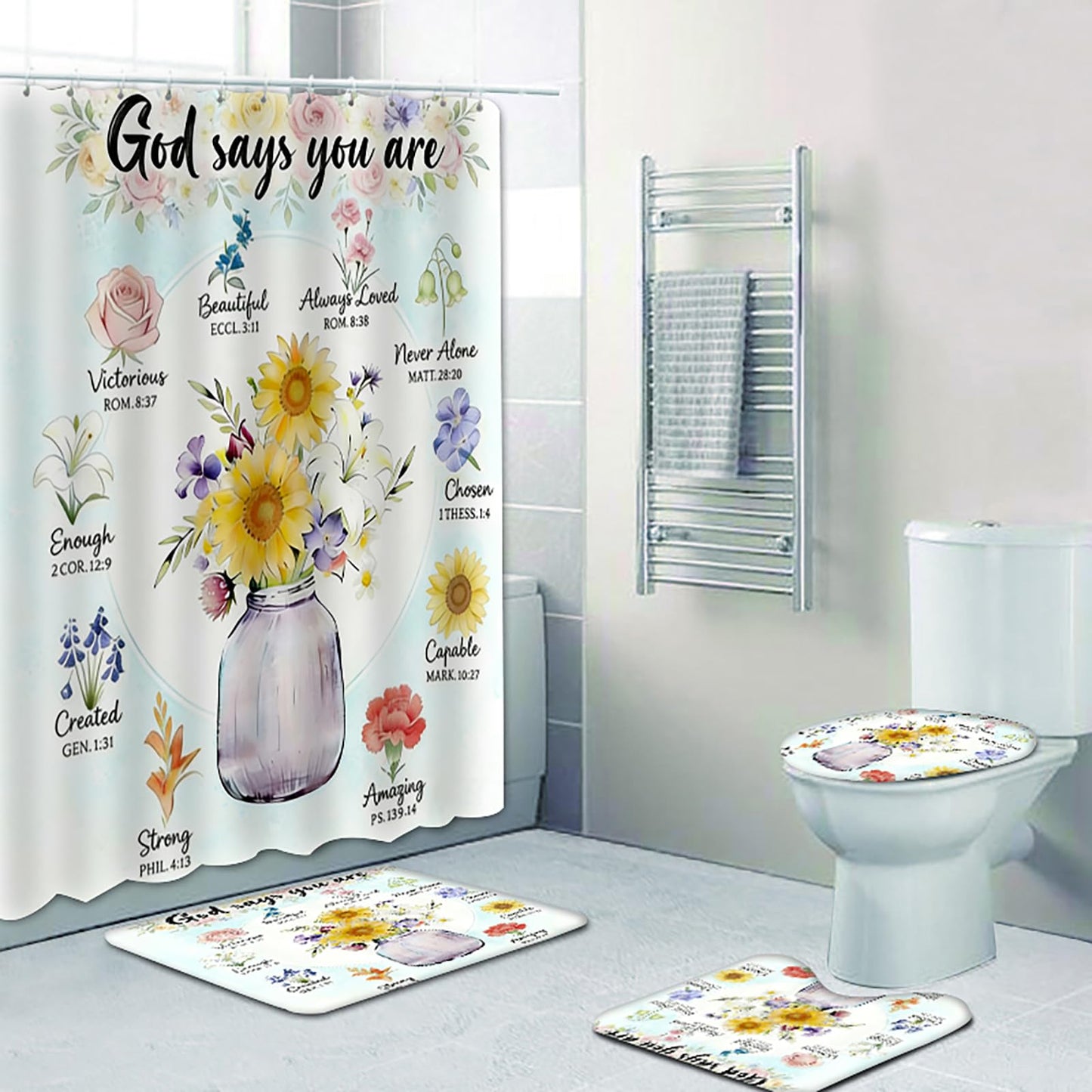 NEWSUYAA 4 Pcs Sunflower Floral Shower Curtains, God Says You are Christian Bathroom Set with Non-Slip Rugs, Inspirational Bible Verse Bath Decor Gift, Waterproof Flowers Curtains with Hooks (Teal)