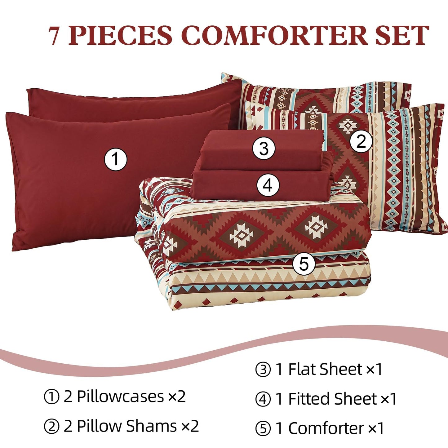 Dinjoy Red Boho Comforter Set Queen,7 Piece Bed in a Bag Queen Size Soft Aztec Bedding Sets with Sheets Bohemian Striped Bed Set Western Burgundy for Fall Winter 90"x90"
