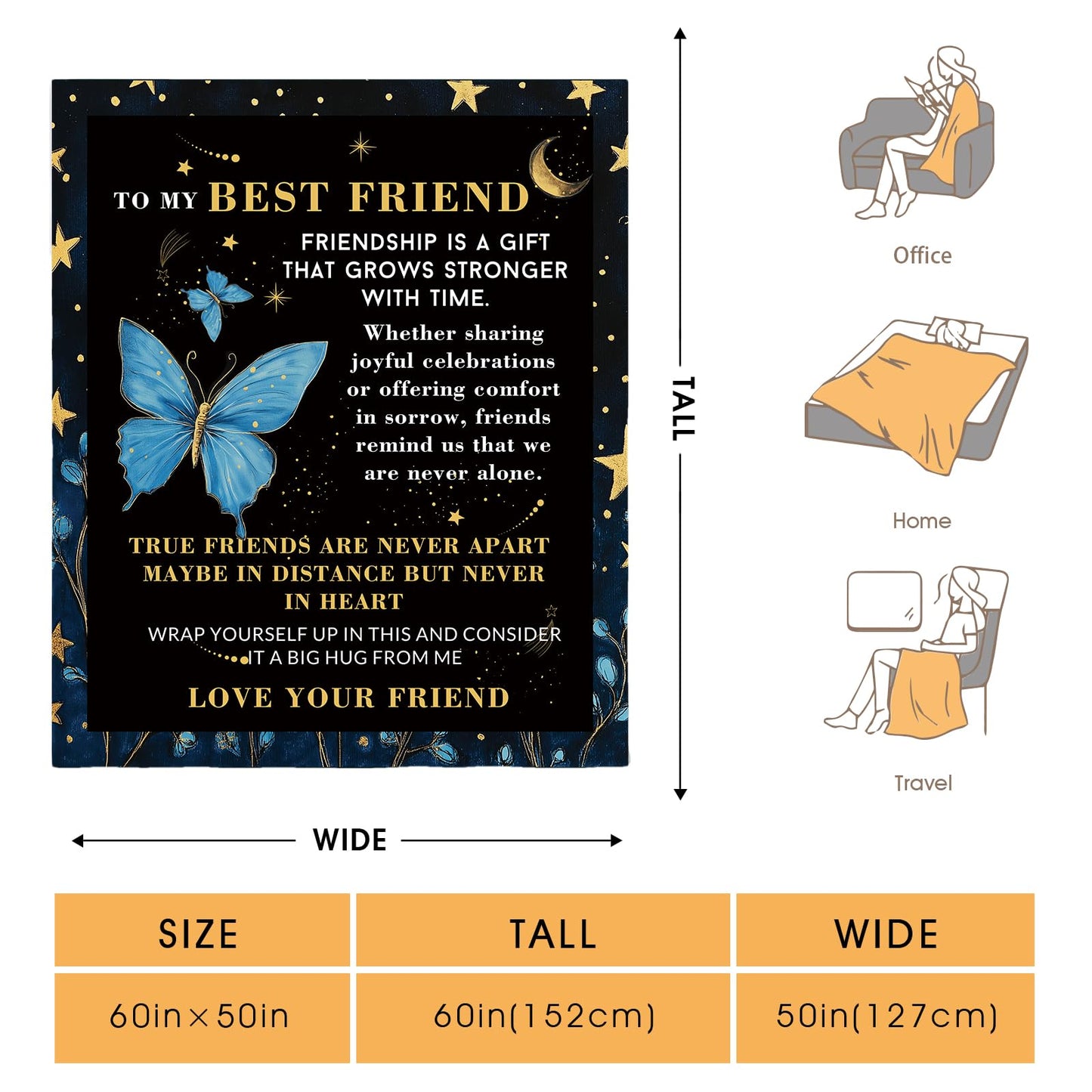 Hohoto Best Friend Friendship Gifts Blanket for Women Men Mom Birthday Christmas Halloween Easter Gift Female Friends Kids Girls Boys Blue Butterfly Inspirational Words Throw Blanket 50"x60"