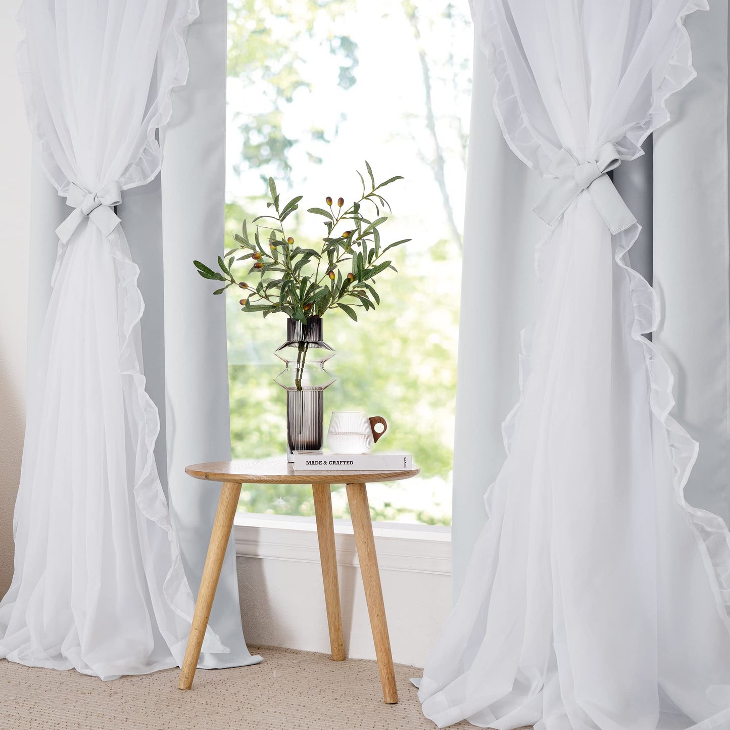 PONY DANCE Shabby Chic Curtains for Bedroom Double Layer White Ruffle Sheer Overlay with Tiebacks French Country Drapes for Bedroom Decor, 52" W x 84" L, Greyish White, 2 Pieces