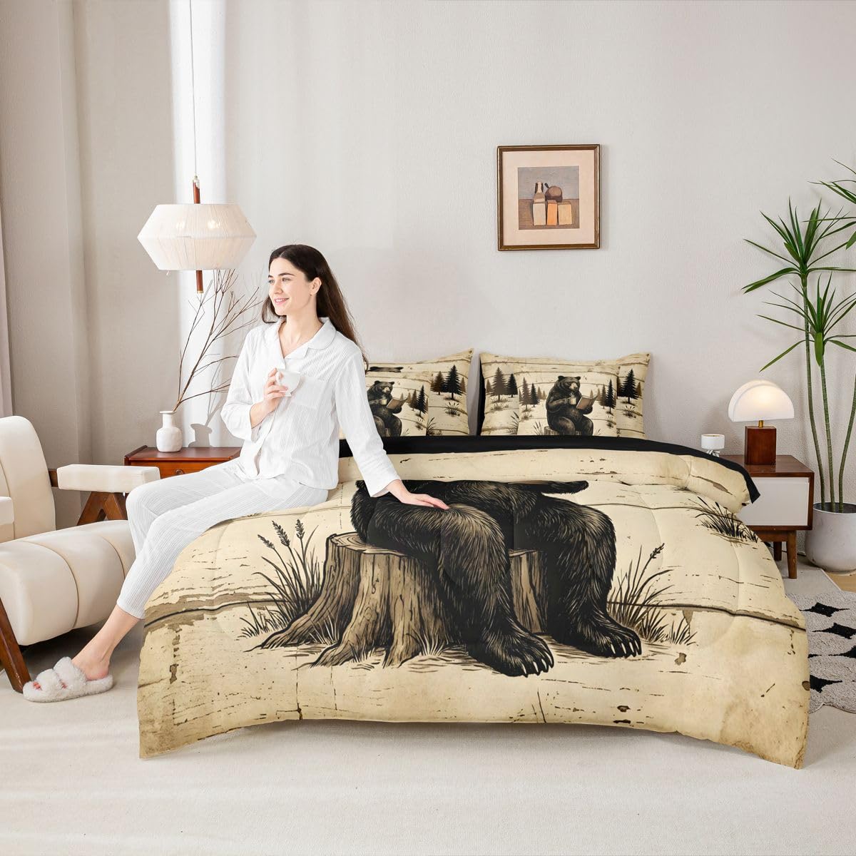 Feelyou Bear Comforter Set Twin Size 7 Pieces Rustic Cabin Country Bedding Set for Kids Boys Girls Lake Life Bed in a Bag with Comforter, Sheets, Pillowcases, Cushion Covers Wild Animal Bedroom Decor