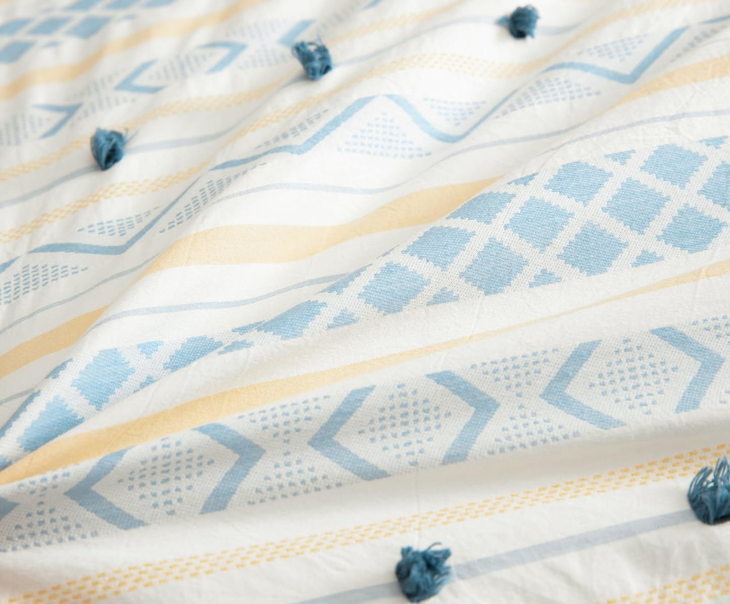 SLEEPBELLA Washed Double Layer Muslin 100% Cotton Comforter Set King Size, Yellow Blue Boho Fluffy Thick Checked Bedding Set, Soft Breathable (1 Comforter, 2 Pillow Shams)