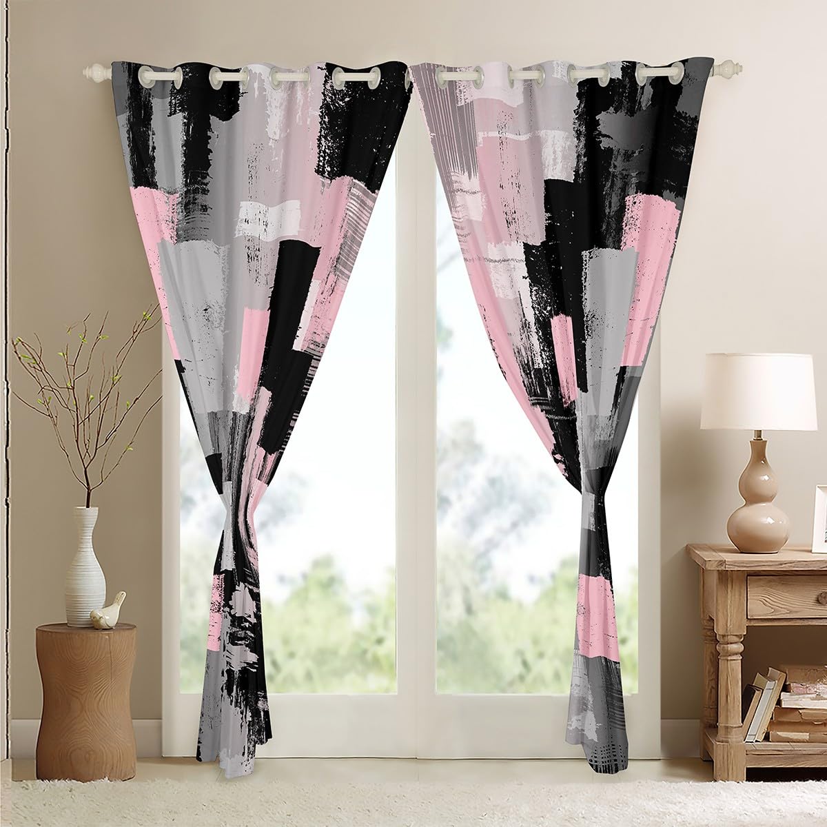 jejeloiu Kids Abstract Curtains for Bedroom Living Room (2 Panels, 42 x 84 Inch) Vintage Messy Rust Darkening Drapes Modern Art Blackout Curtains Teal Pink and Black Window Treatments