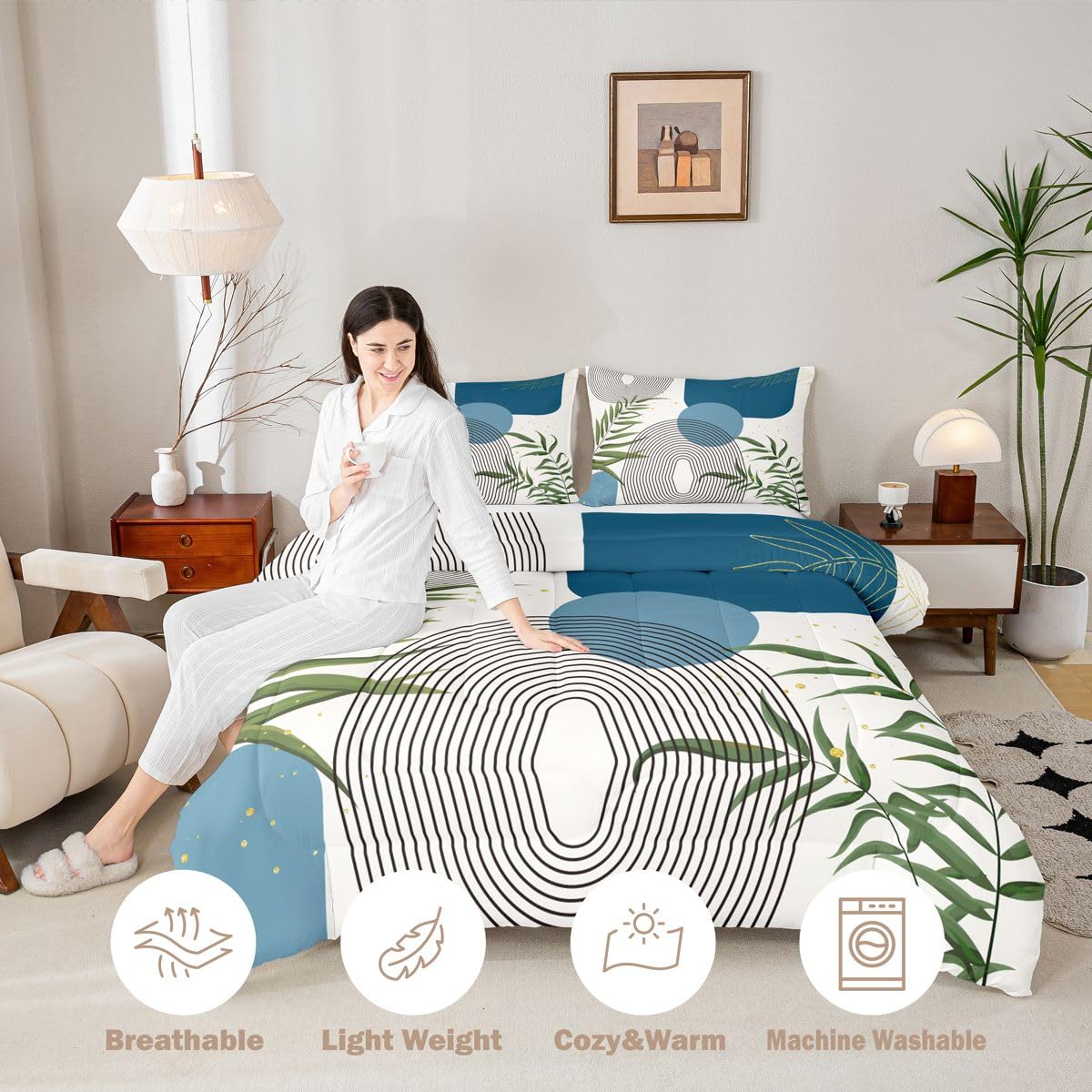 Erosebridal Boho Mid Century Twin Comforter Set, Green Sage Bedding Set for Kids Teens Men Women Bedroom, Modern Bohemian Minimalist Comforter, Contemporary Abstract Geometric Aesthetic Quilt