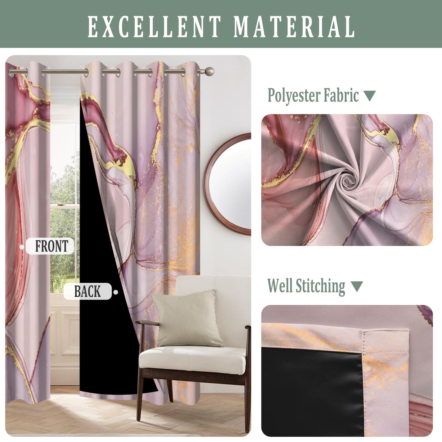 Renaiss Pink Marble Blackout Curtains for Bedroom Abstract Liquid Gold Texture Window Curtain Modern Luxury Ink Art Window Drapes for Living Room Decor Curtains 2 Panels Set, 42x63 Inch
