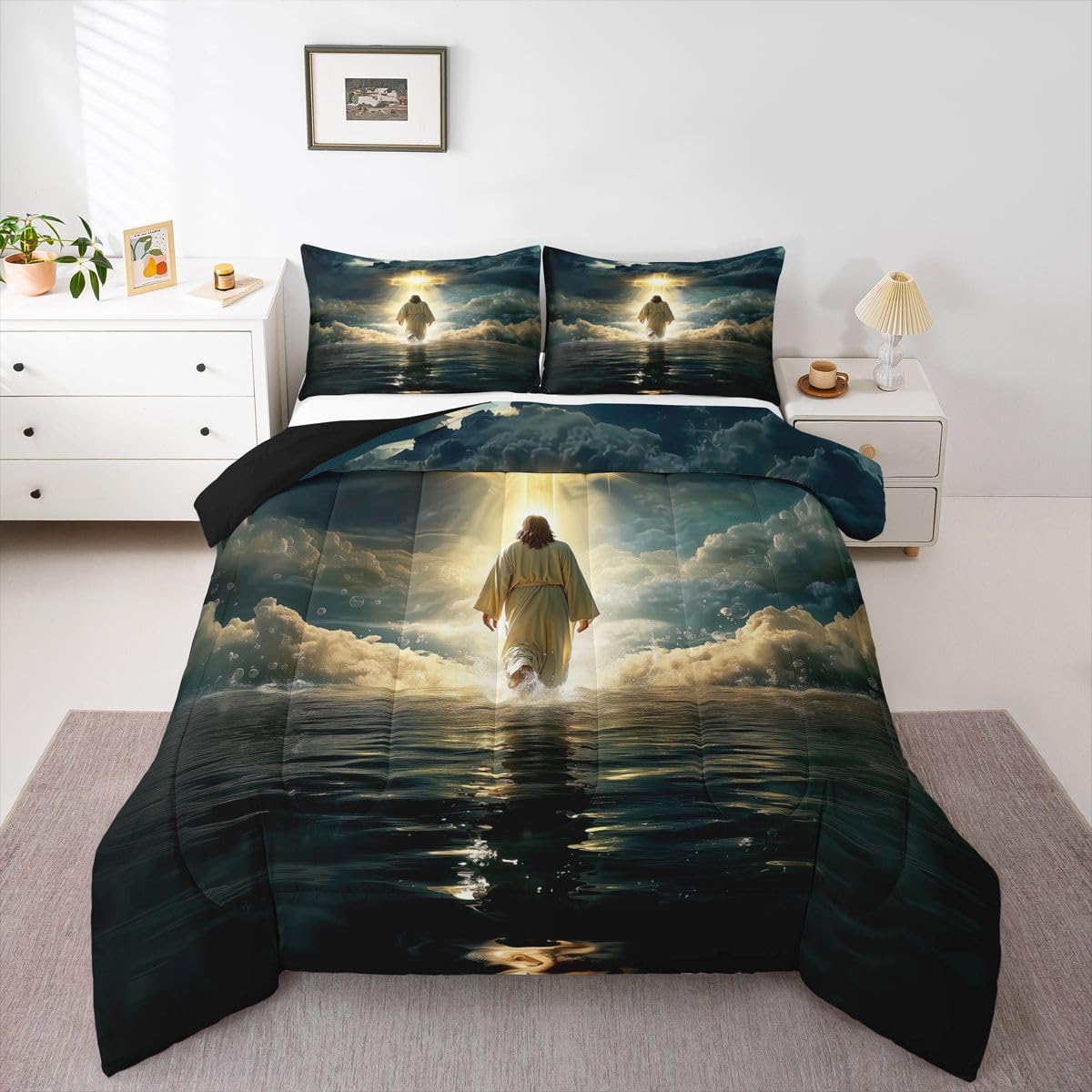 God Walking on Water Girls Bedding Set Twin Size,Western Faith Bible Verse Comforter Set,Spiritual Blue Ocean Quilt Comforter Girls Boys Teens,Golden Dark Blue Room Decor All Season,1 Pillowcase
