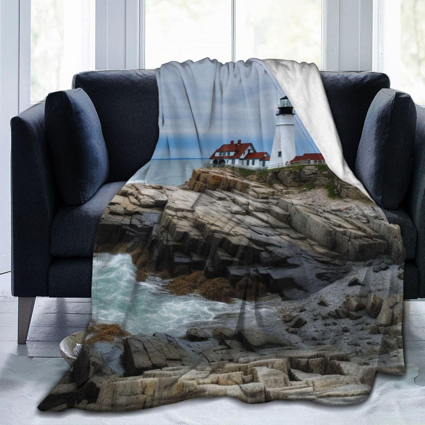 Dewoofly Sea Lighthouse Washable Flannel Throw Blankets, Blanket for Bed Couch Sofa, All Seasons Home Camper Travel 60"x50"