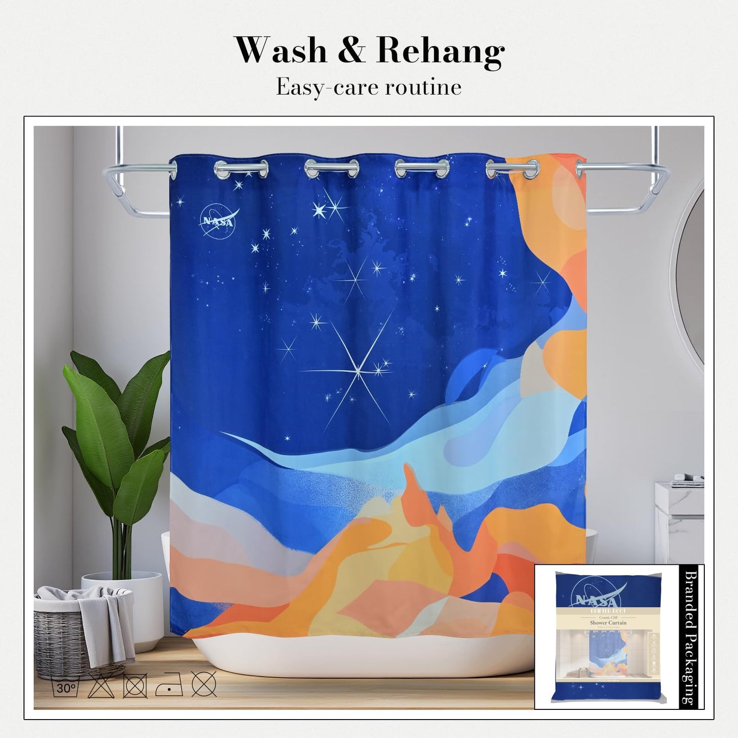 DRIFTED ROOT NASA Licensed No Hook Shower Curtain Set, Cosmic Dunes Nebula Starscape Design, Space Poster Art, Oxford Cloth, Bathroom Hotel Decor (Cosmic Dunes-Blue, 72" W x 74" L (Pack of 1))