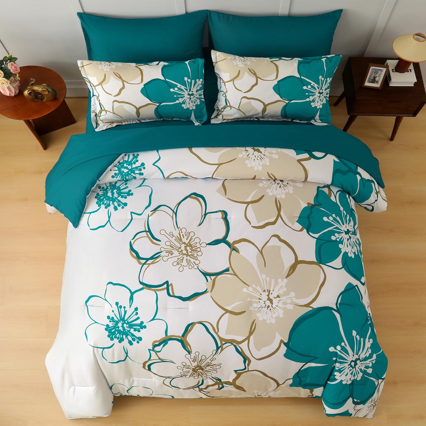 Anibedding 7Pieces Teal Grey Floral Comforter Set Queen Size, Soft Microfiber Grey Blue Bed in a Bag Comforter Set with Sheets for All Season
