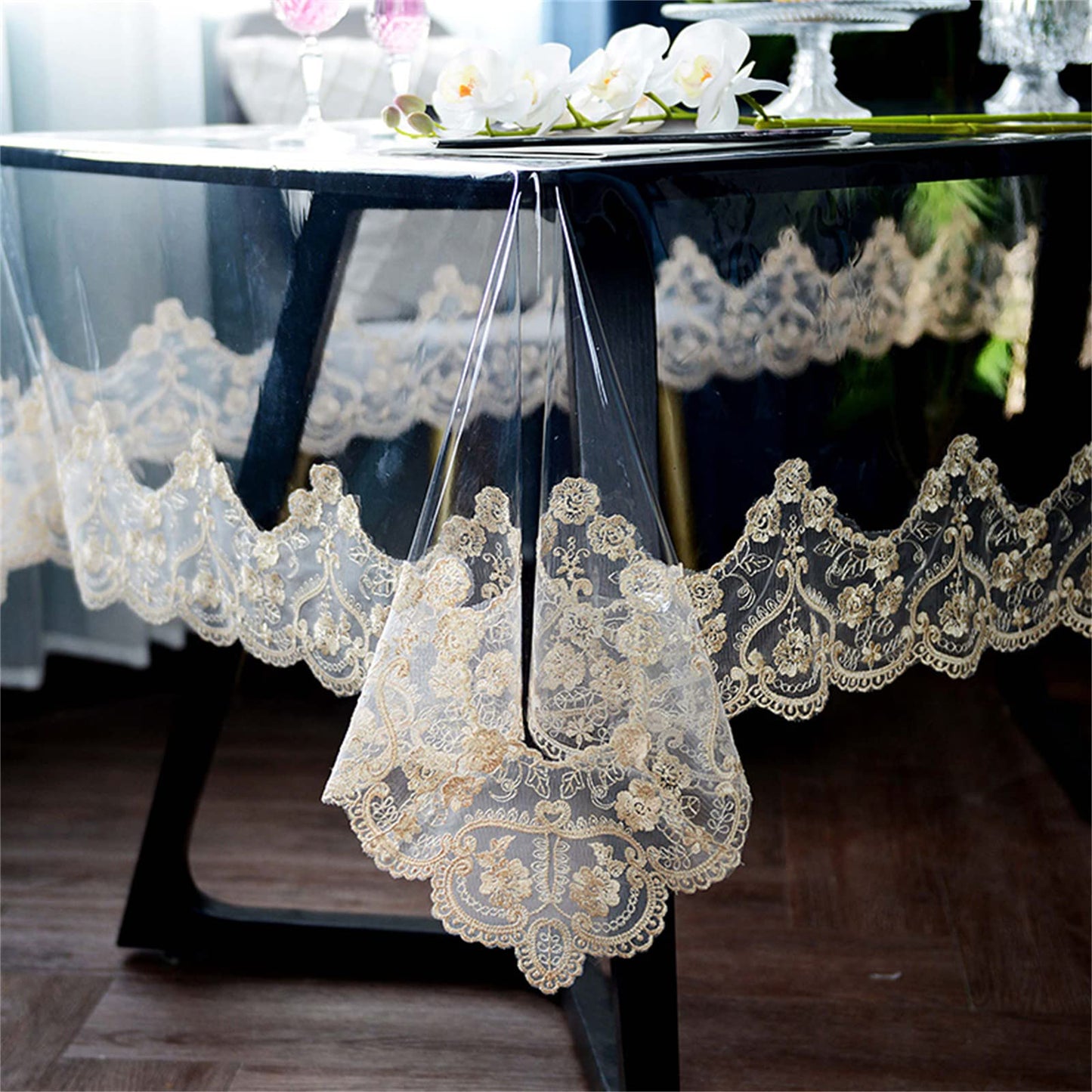 Dimatic Clear Plastic Waterproof Tablecloth, Vinyl PVC Rectangle Table Cloth with Lace Macrame, Oil Spill Proof, Table Cover for Dining Tables, Parties and Holidays (Beige, 60 x 98 Inch)