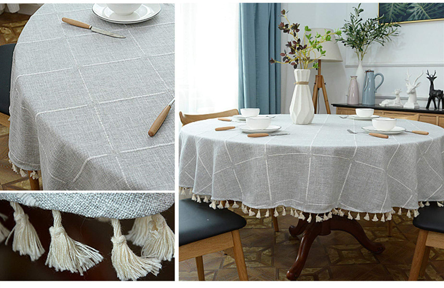 Dimatic Heavy Weight Cotton Linen Tablecloth, Plaid Tassel Round Table Cover for Kitchen Dining Room Tabletop Decorations, Round - 63", Grey