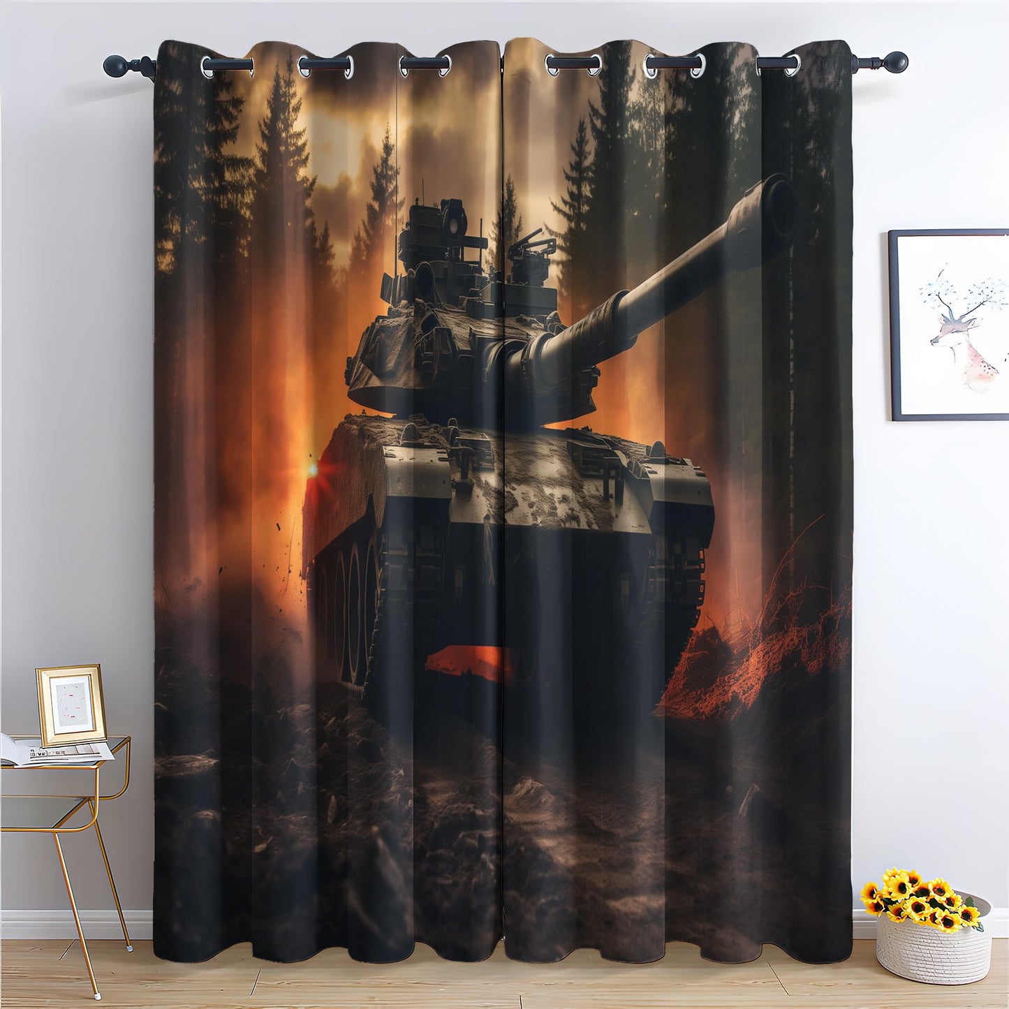 Phtbz Military Tank Patterned Blackout Curtains for Bedroom, Living Room Decor, Room Darkening Thermal Insulated Grommet Drapes, Army Theme Gamer Room Window Treatments, 45 Inch Curtains 2 Panel Set