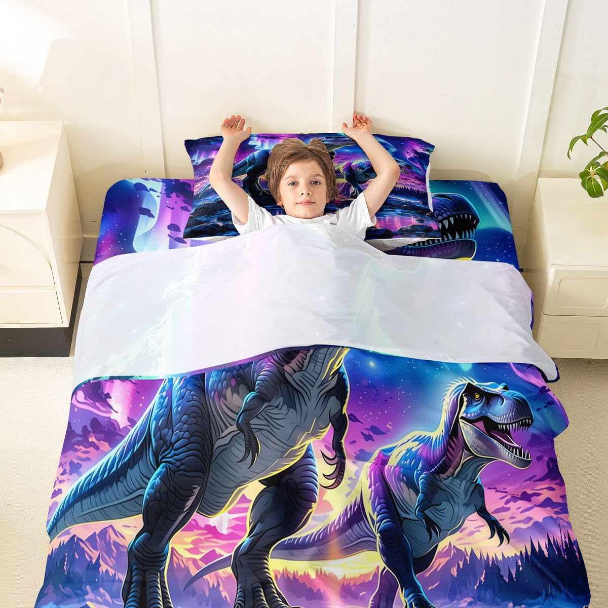 Feelyou Dinosaur Bed Sheets Set Twin Size 3D Digital Print Bed Set for Kids Boys Girls Jungle Dino Deep Pocket Fitted Sheet Wild Animal Breathable Soft Lightweight Microfiber Purple Blue
