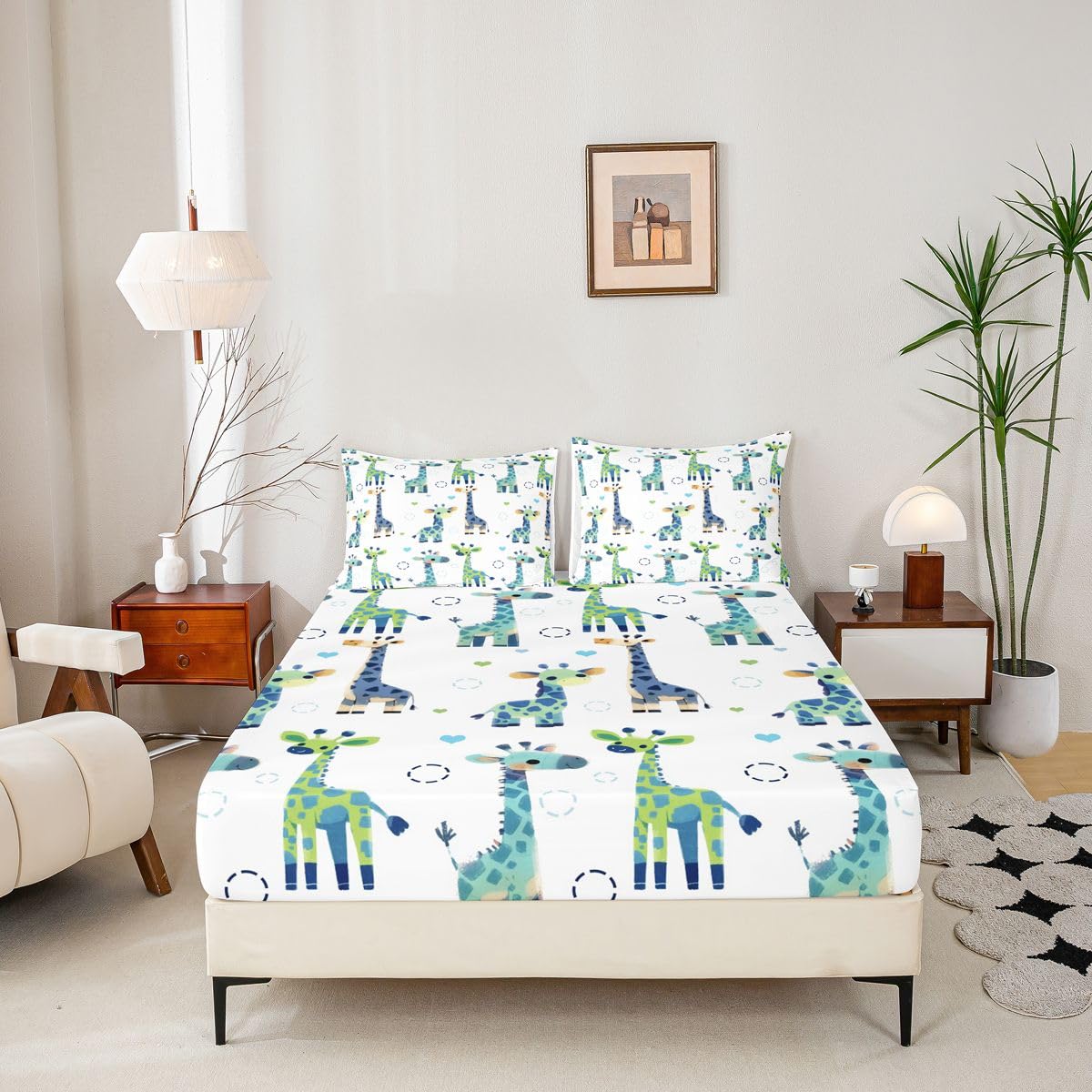 Erosebridal Giraffe Sheet Set Full Cartoon Kawaii Bed Sheets for Kids Boys Girls Geometric Circle Flat Fitted Sheet Contemporary Sheets 3 Pcs
