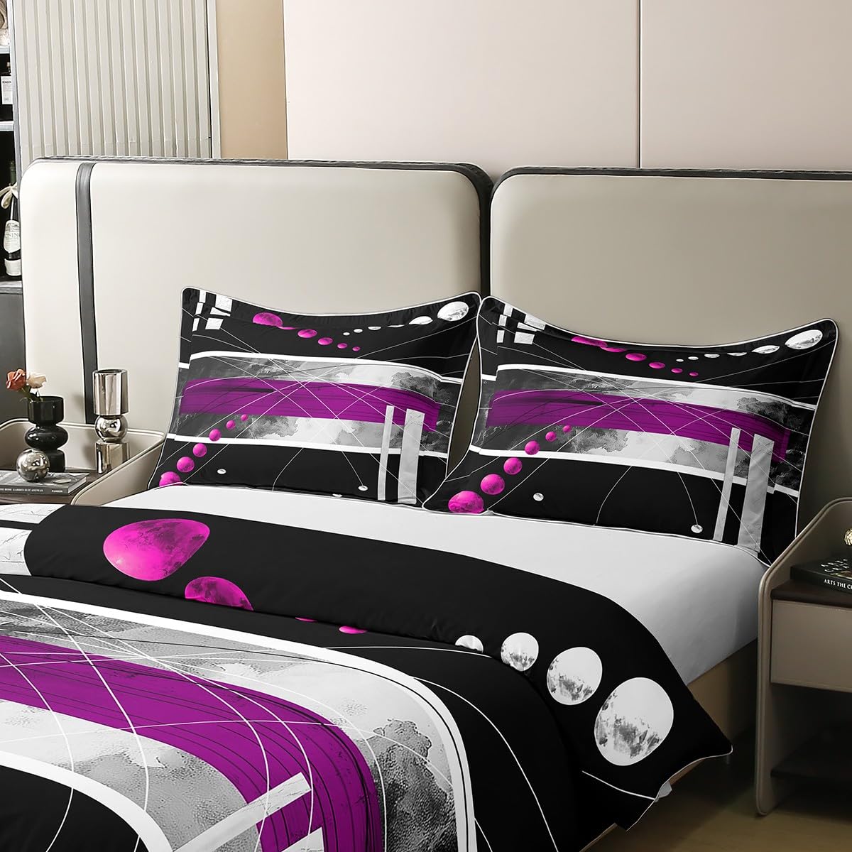 jejeloiu Purple Coal Black Duvet Cover 100% Cotton King Size Kids Abstract Geometric Comforter Cover for Boys Girls Teens Modern Art Bedding Set Breathable Soft Room Decor