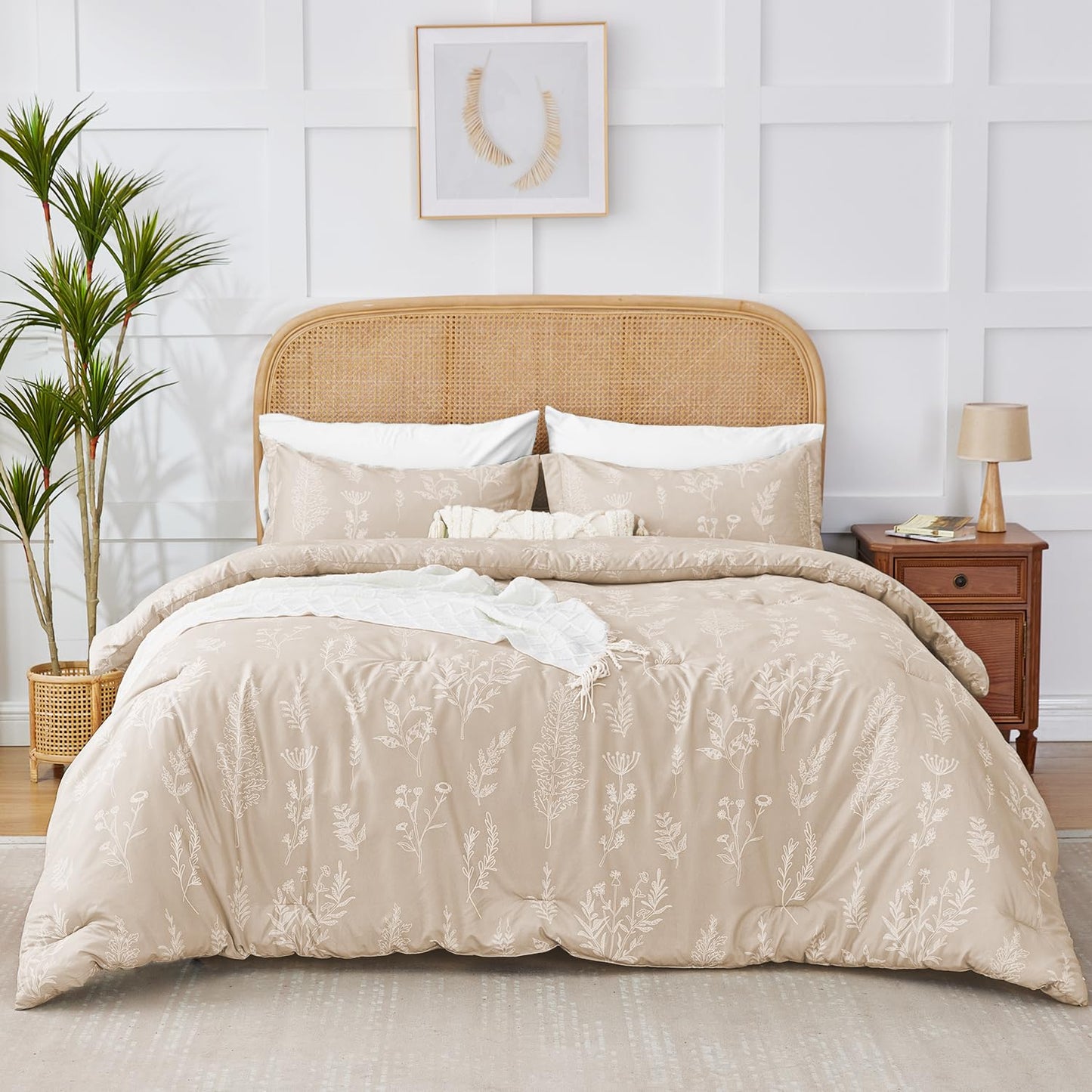 Kozyhvn Twin XL Comforter Set Khaki, Cute Floral Bed in a Bag Twin XL Boho 5 Pieces, Soft Fluffy Bedding Sets with Comforter, Sheets, Pillowcase & Sham, All Season