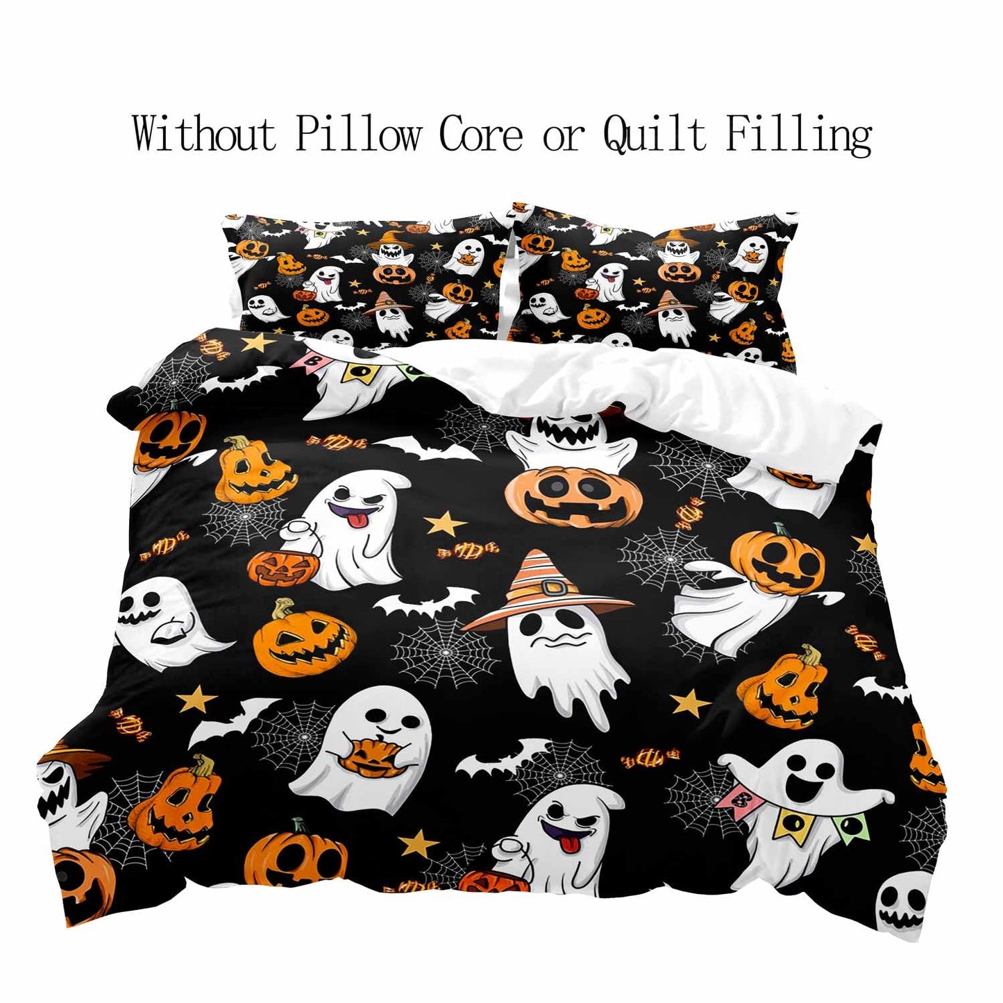 LUVIVIHOME 3PCS Funny Ghost Duvet Cover Queen Bedding Sets, Black Duvet Cover, Teens Boys Girls Kids Bedding, Spooky Witchy Horror Pumpkin Bat Cobweb Festival Halloween Comforter Cover, 2 Pillow Cases