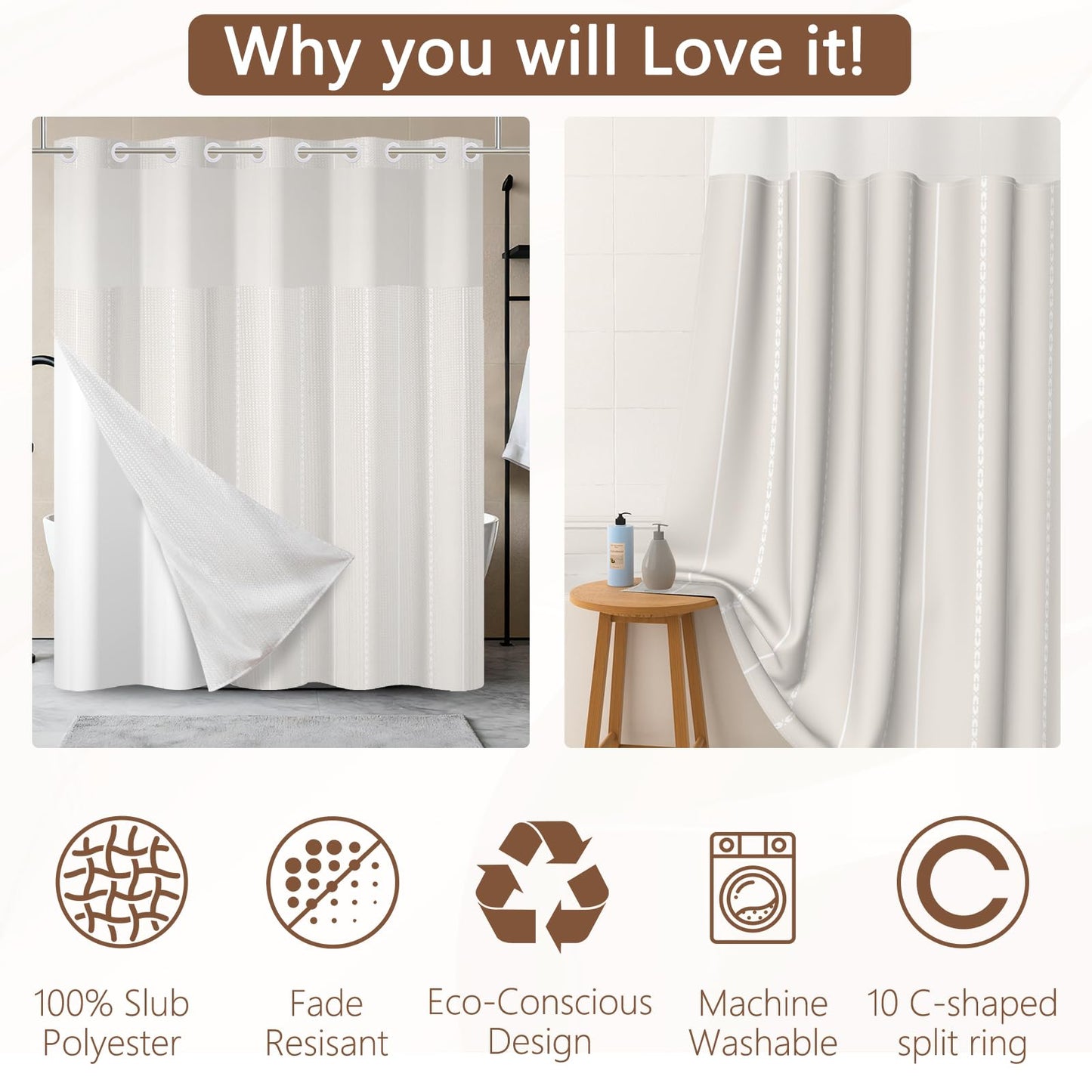 NAEMBCU No Hook Waffle Shower Curtain with Snap-in Liner 71x74 Inch