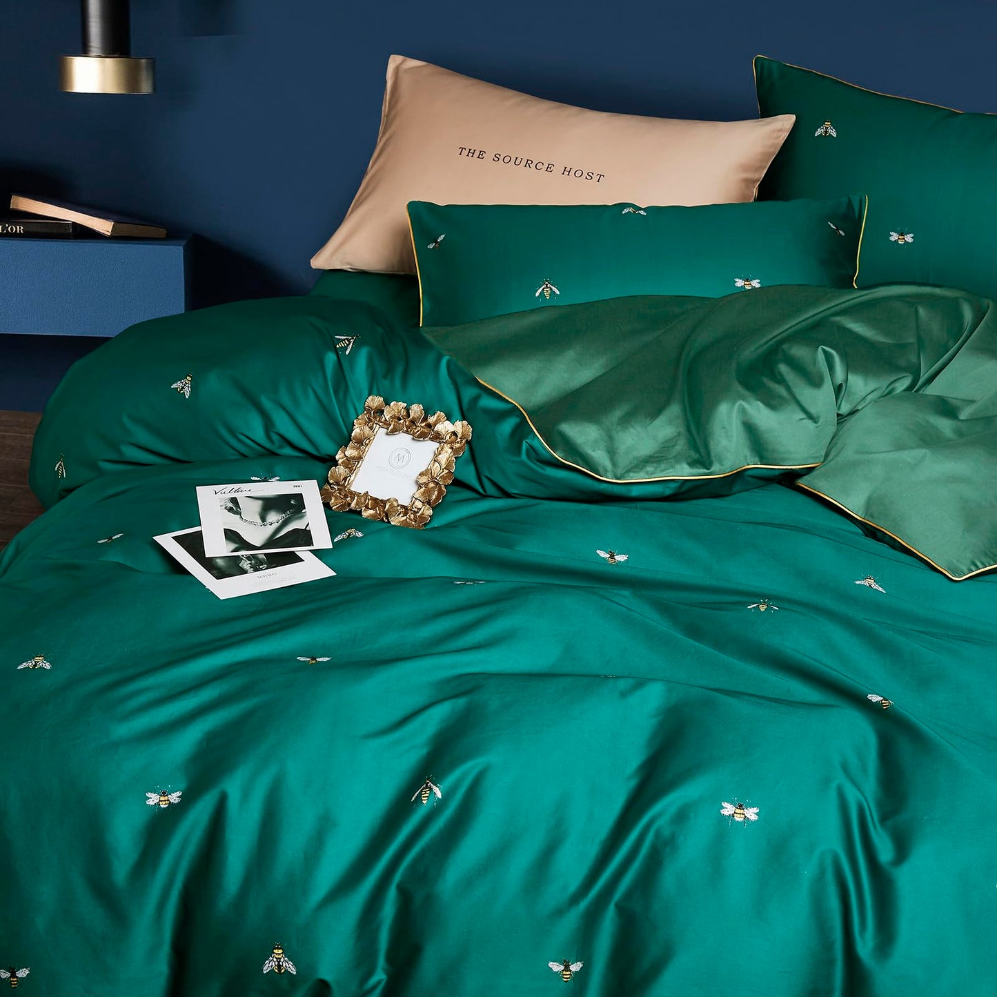 mixinni Dark Green Duvet Cover King Size, 100% Long Staple Cotton Honeybee Floral Pattern 3pc Bedding Duvet Cover Set with Zipper Ties 2 Pillowcases Perfect for Him and Her-King Size