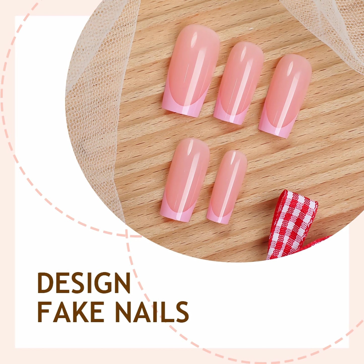 BABALAL Acrylic Press ons Nails Stick on Fake Nails - Pink French Tip, Long Square Artificial, 24Pcs Glossy Full Cover Reusable Natural False Nails for Women Girls