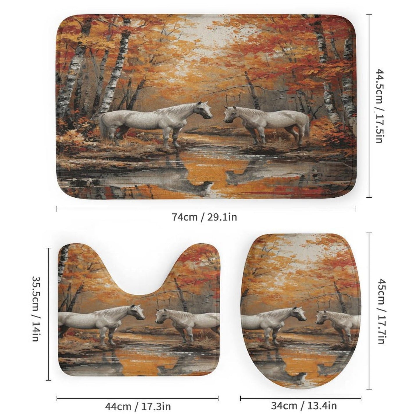 FOCCAFB Abstract Forest Horse Shower Curtain Sets with Non-Slip Rug, Toilet Lid Cover and Bath Mat, Nature River White Animal Shower Curtain Sets with 12 Hooks, Shower Curtain for Bathroom Set Decor