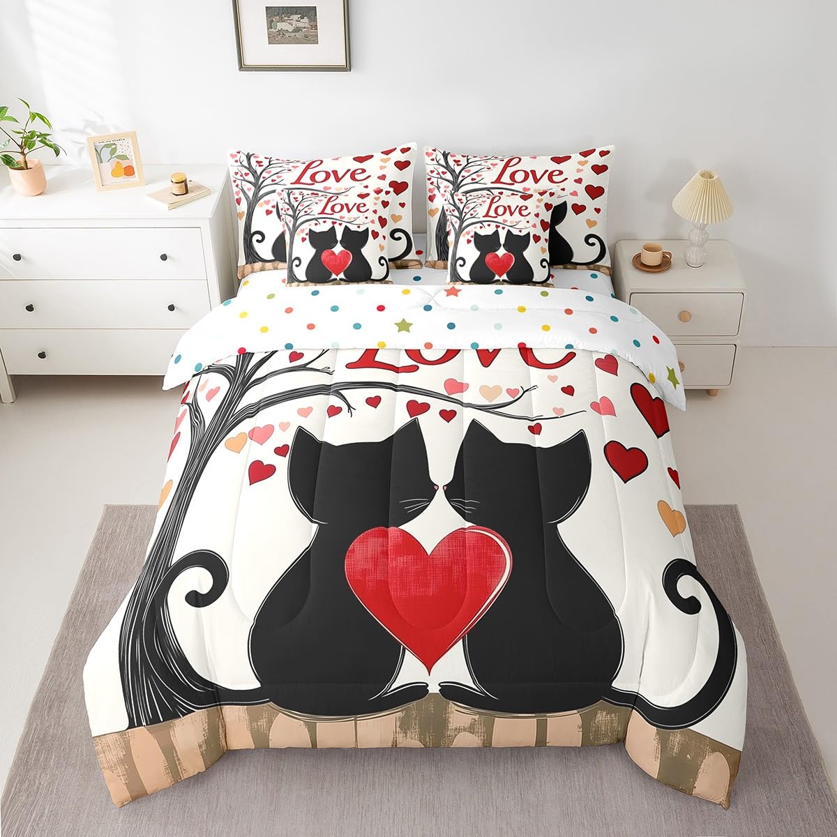 Erosebridal Cute Couple Cat Queen 7 Piece Bedding Set - Romantic Valentines Day Comforter Set with Sheets, Pink Red Love Pattern Bed in a Bag for Kids Girls Boys Women Couples Bedroom Decor