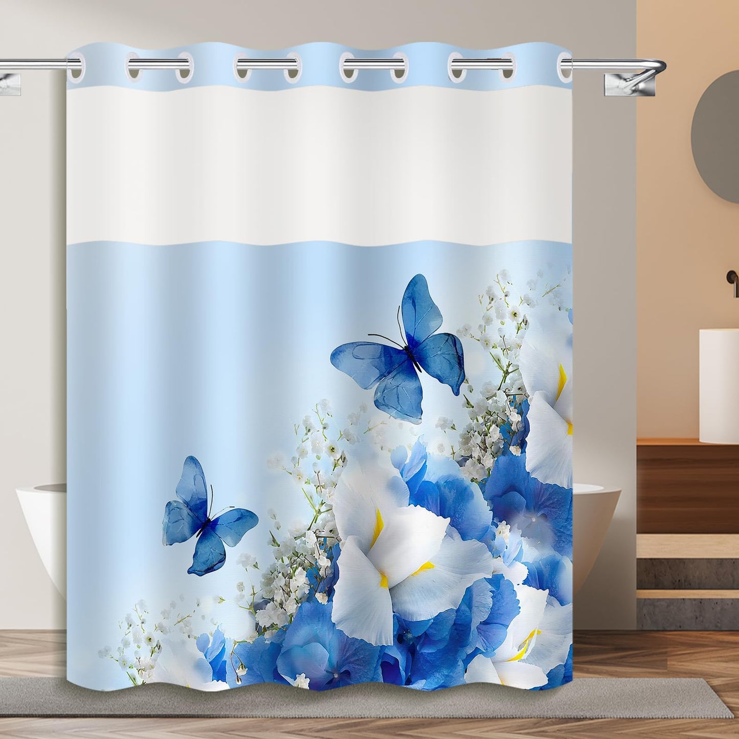 Mowxune No Hook Nature Shower Curtain with Snap in Fabric Liner Set,Bule Flowers and Butterfly Shower Curtains for Bathroom Clearance,Double Layers Waterproof,71x74 in