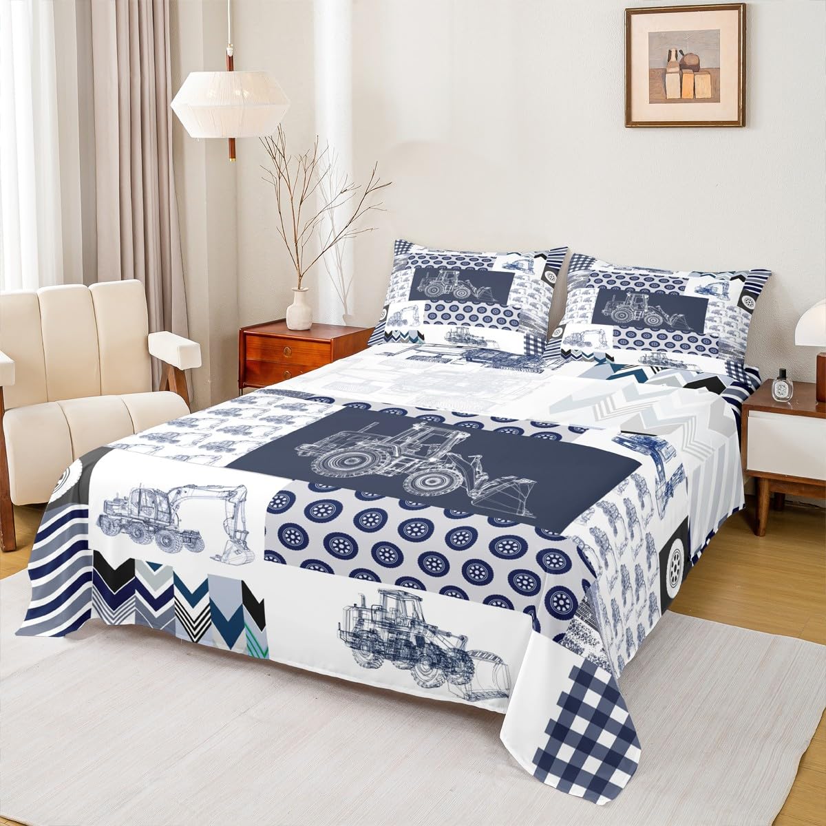 Kids Construction Sheet Set Full Size Equipment Trucks Bed Sheets Set Cartoon Car Excavator Tractor Sheets with Deep Pocket Fitted Sheet Construction Vehicles Plaid Grid Blue and White Bedding Set