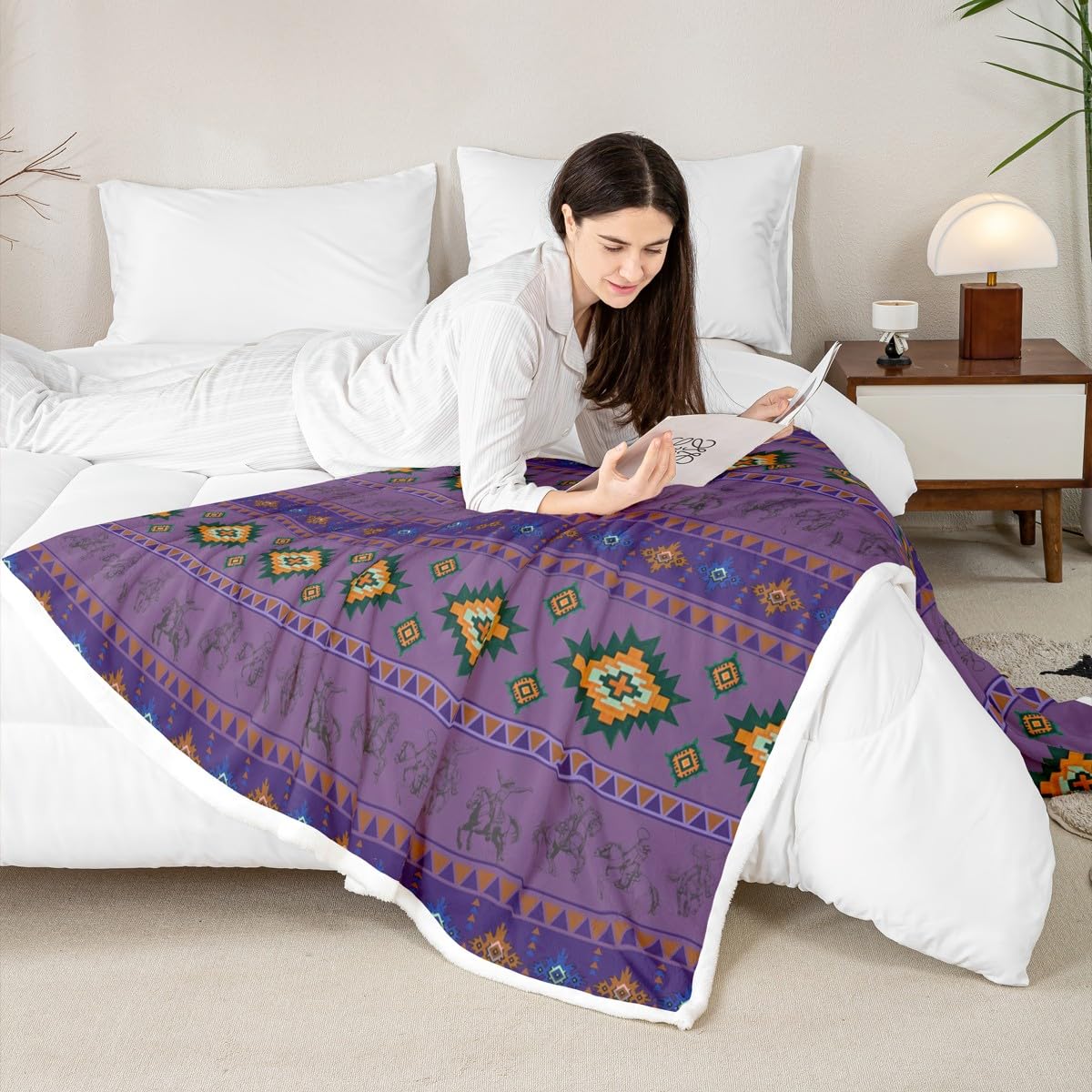 Feelyou Western Cowboy Sherpa Throw Blanket for Couch Southwestern Aztec Pattern Super Soft Cozy Fleece Horse Riding Design Blanket for Winter, Plush Throw Ranch Farmhouse 40"x50" Purple All Season