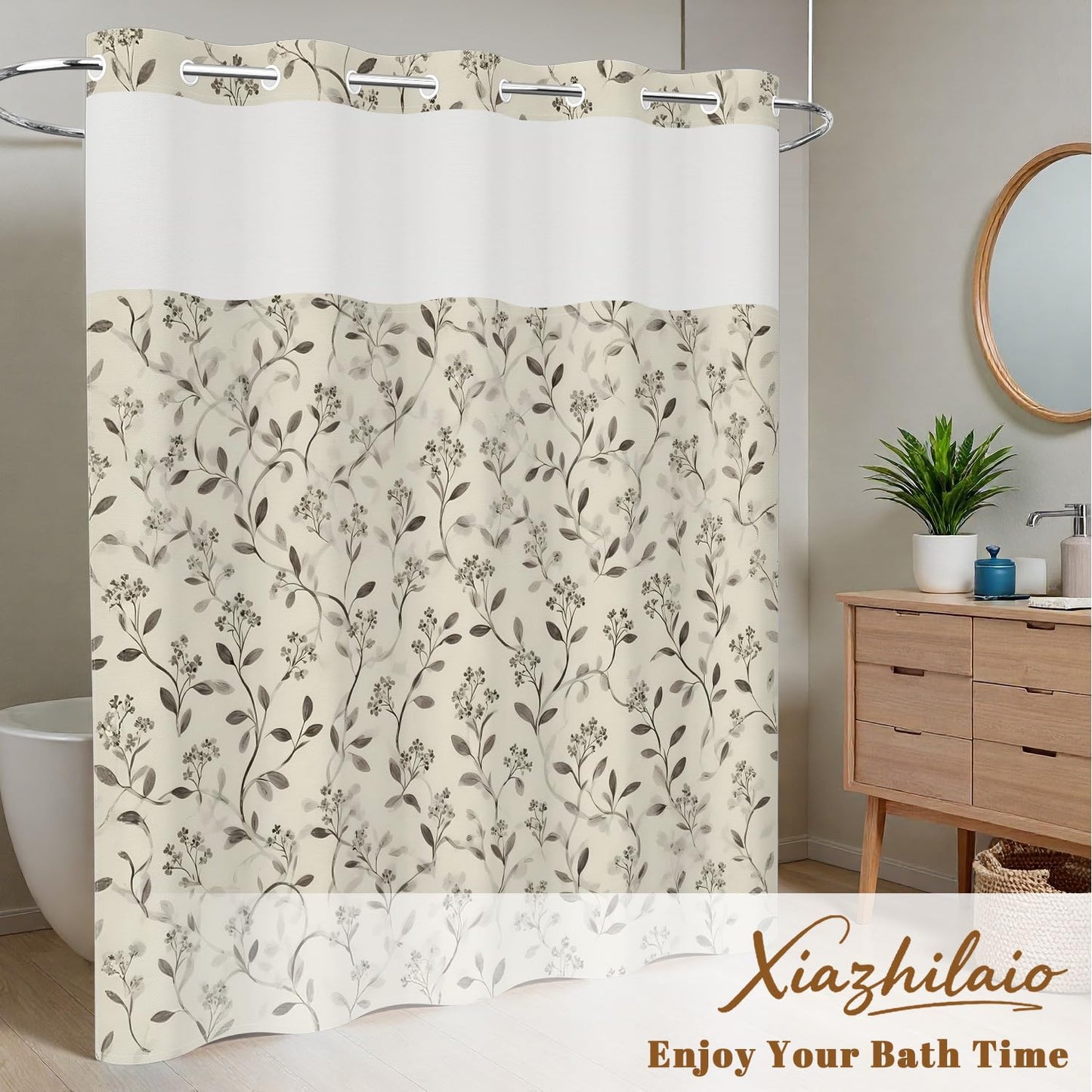 Xiazhilaio Beige Botanical Shower Curtain with Snap in Liner, 71x74 Inch