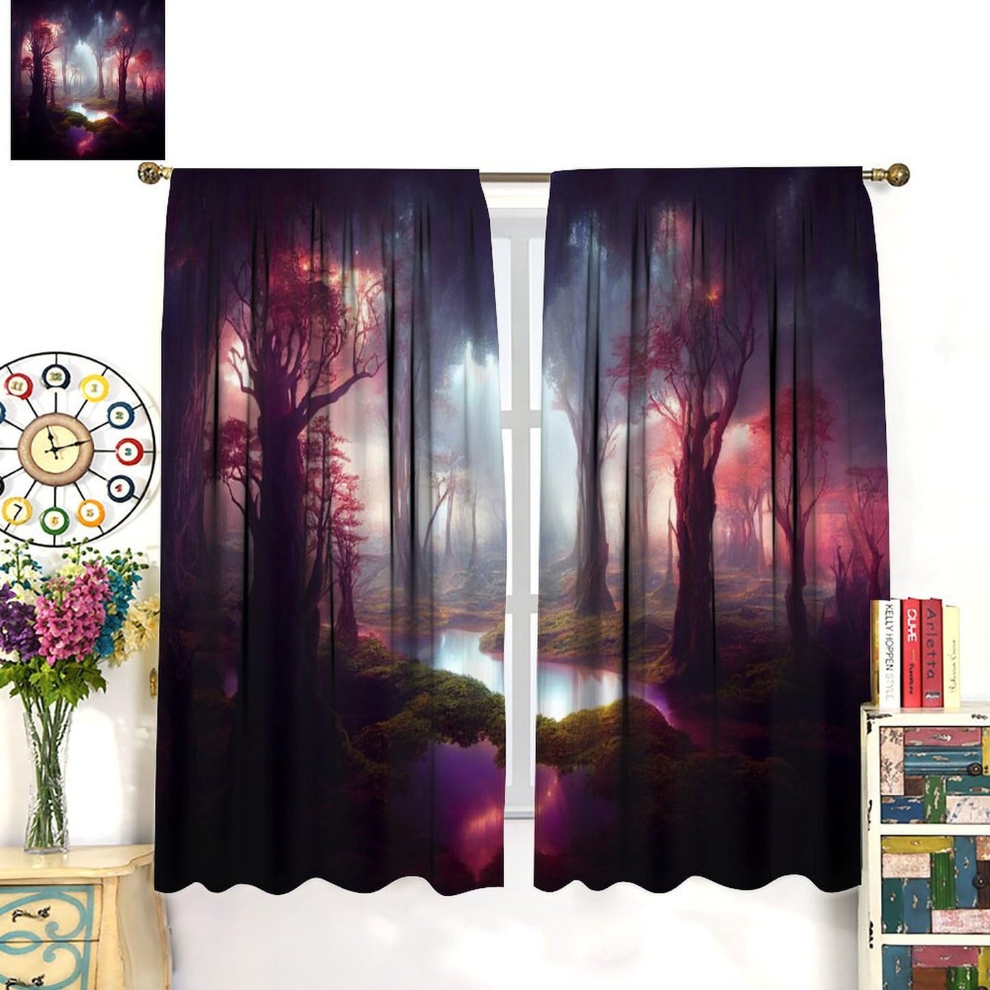 BenYaSong Forest Moon Blackout Window Curtain Vast Fantasy Landscape Feywild Trees and Surreal Glowing Art for Home Kitchen Restaurant Decoration Window Curtain 2Panel 42" W X 45" L