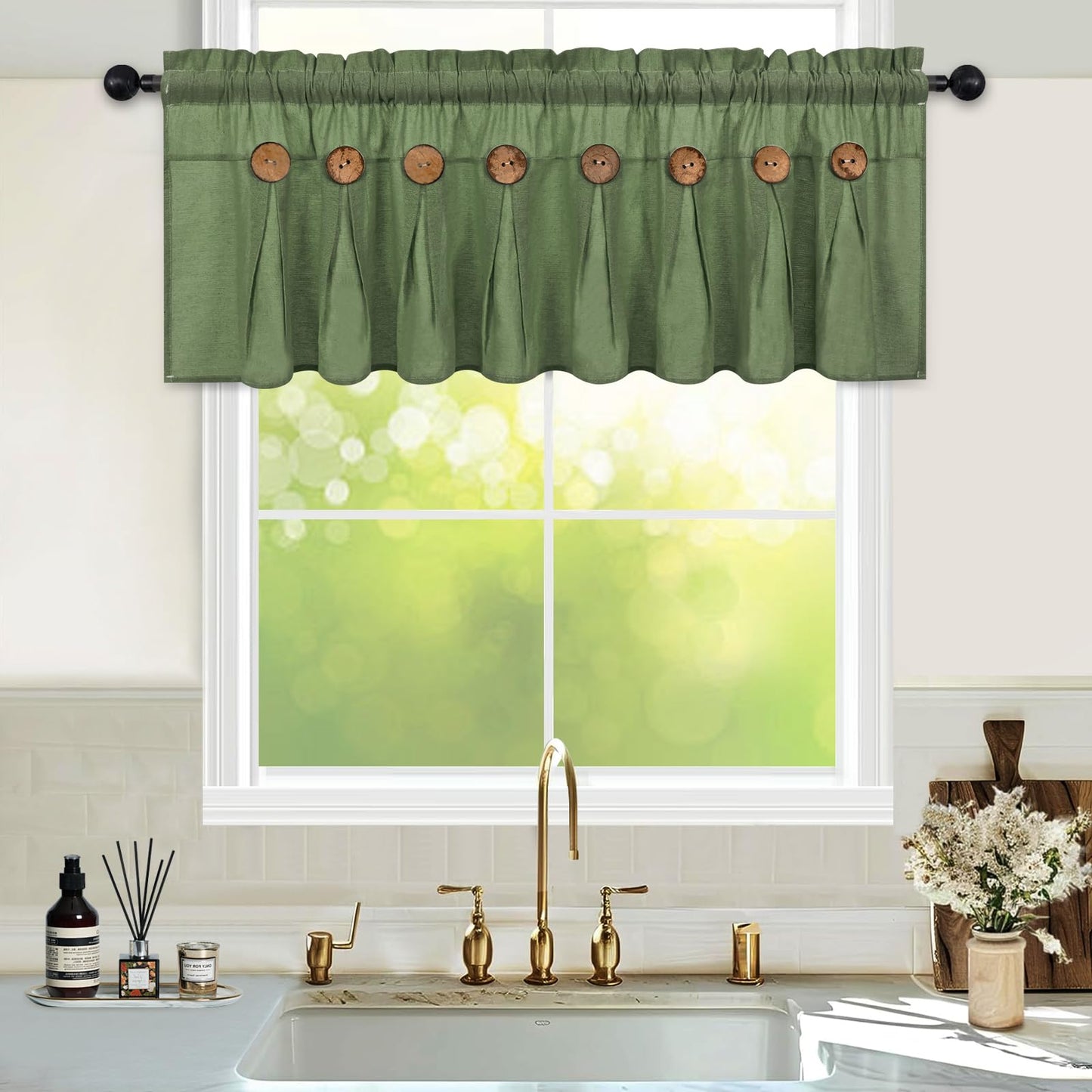 FRAMICS Farmhouse Valance Curtains, Boho Cotton Linen Kitchen Valance, Olive Green Rustic Button Window Valances for Kitchen Bathroom, Rod Pocket Valances for Windows, Olive Green, 52 x 18 Inch