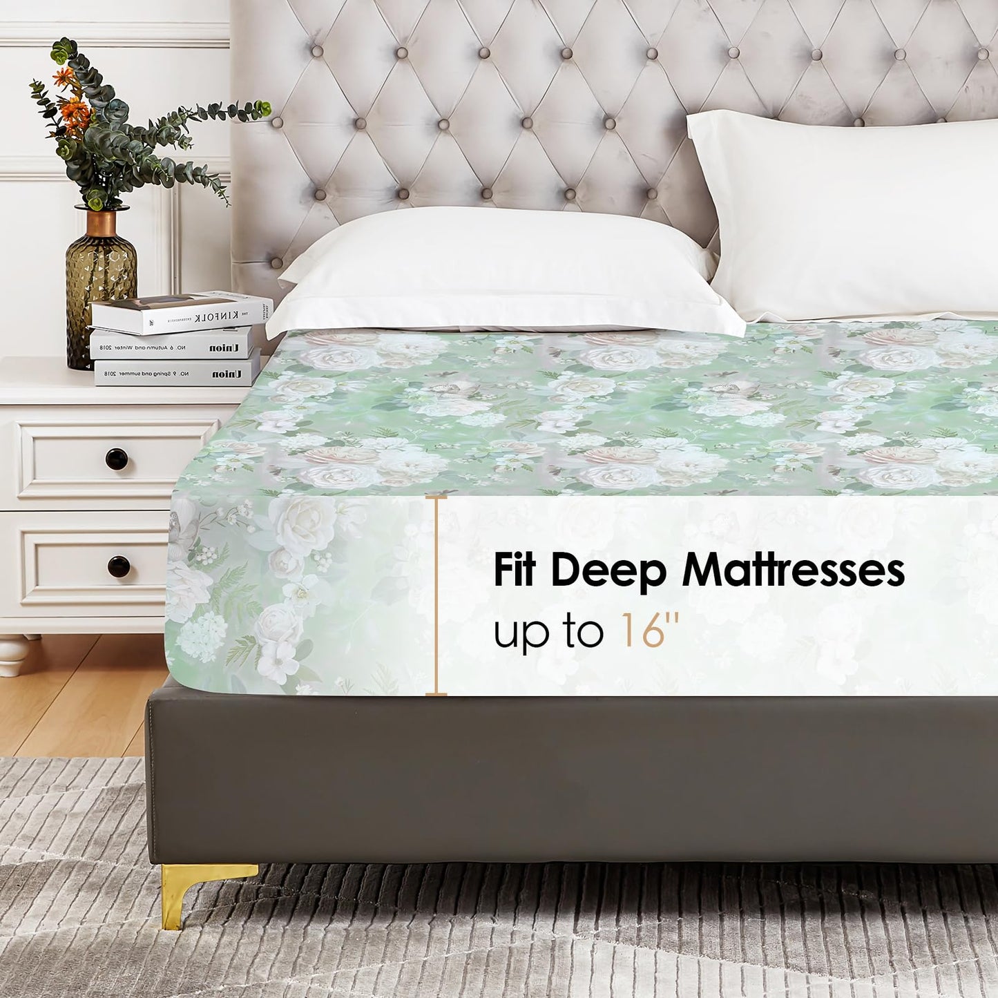 YIYEA Floral Fitted Sheet Only, Premium Double Brushed Microfiber Deep Pocket Fitted Sheet Queen Size, Ultra Soft Fitted Bottom Sheet, Shrinkage, Fade Resistant, Queen