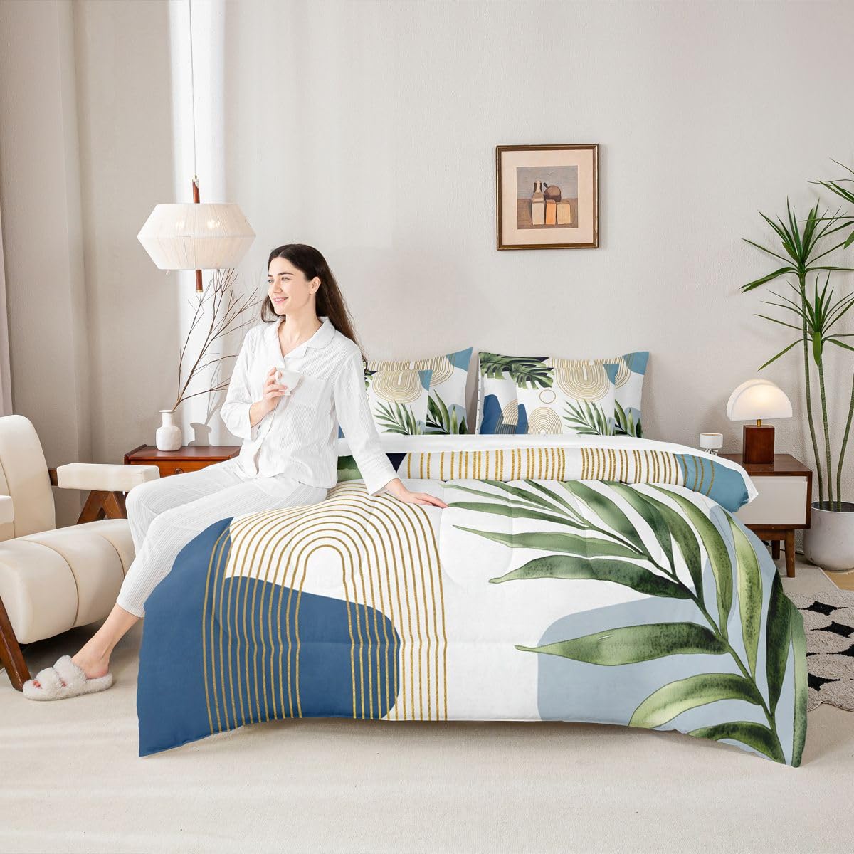 Erosebridal Boho Blue Green Full 7 Pcs Bedding Set, Mid Century Abstract Comforter Set with Sheets, Bohemian Tropical Palm Leaf Botanical Bed Sets, Modern Minimalist Geometric Aesthetic Bed in A Bag